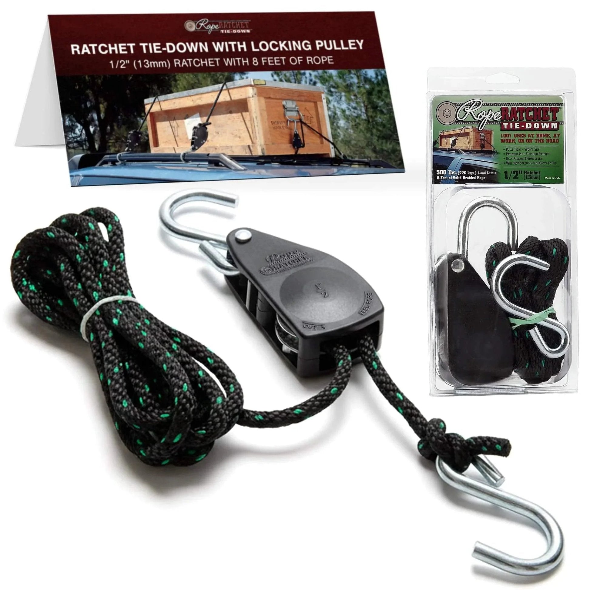 Heavy Duty Rope Ratchet 1/2 Inch With Locking Pulley Adjustable Hanger For Grow Lights, 8 Foot Braided Polypropylene Rope 500 Lb Capacity
