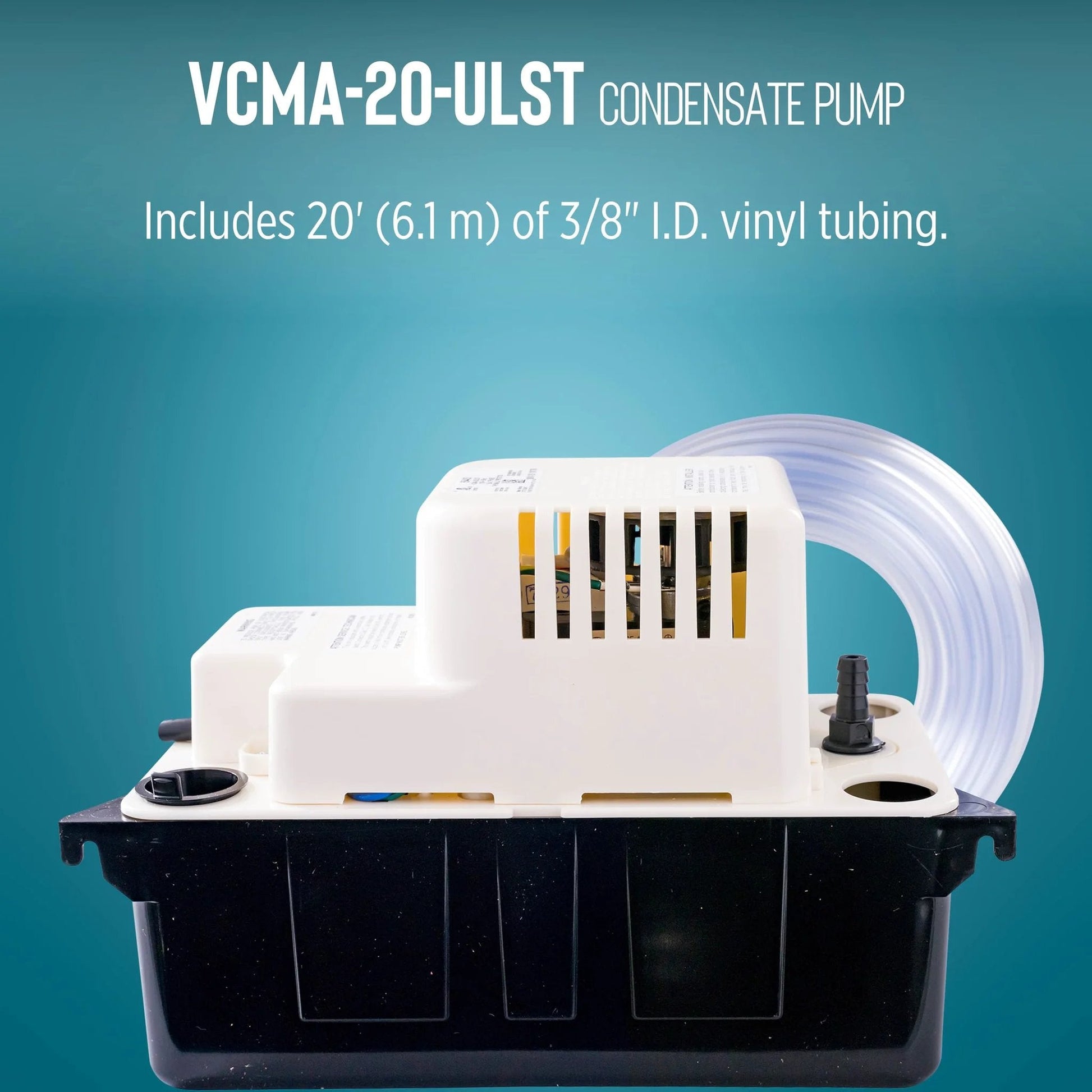 Automatic Condensate Removal Pump for HVAC Refrigeration and Dehumidifiers With Overflow Detection Switch No Fuss VCMA 20ULST 80 GPH 115V Thermally Protected Motor 93 Watts 20 Foot Tubing White Black by Little Giant with visible 20' vinyl tubing.