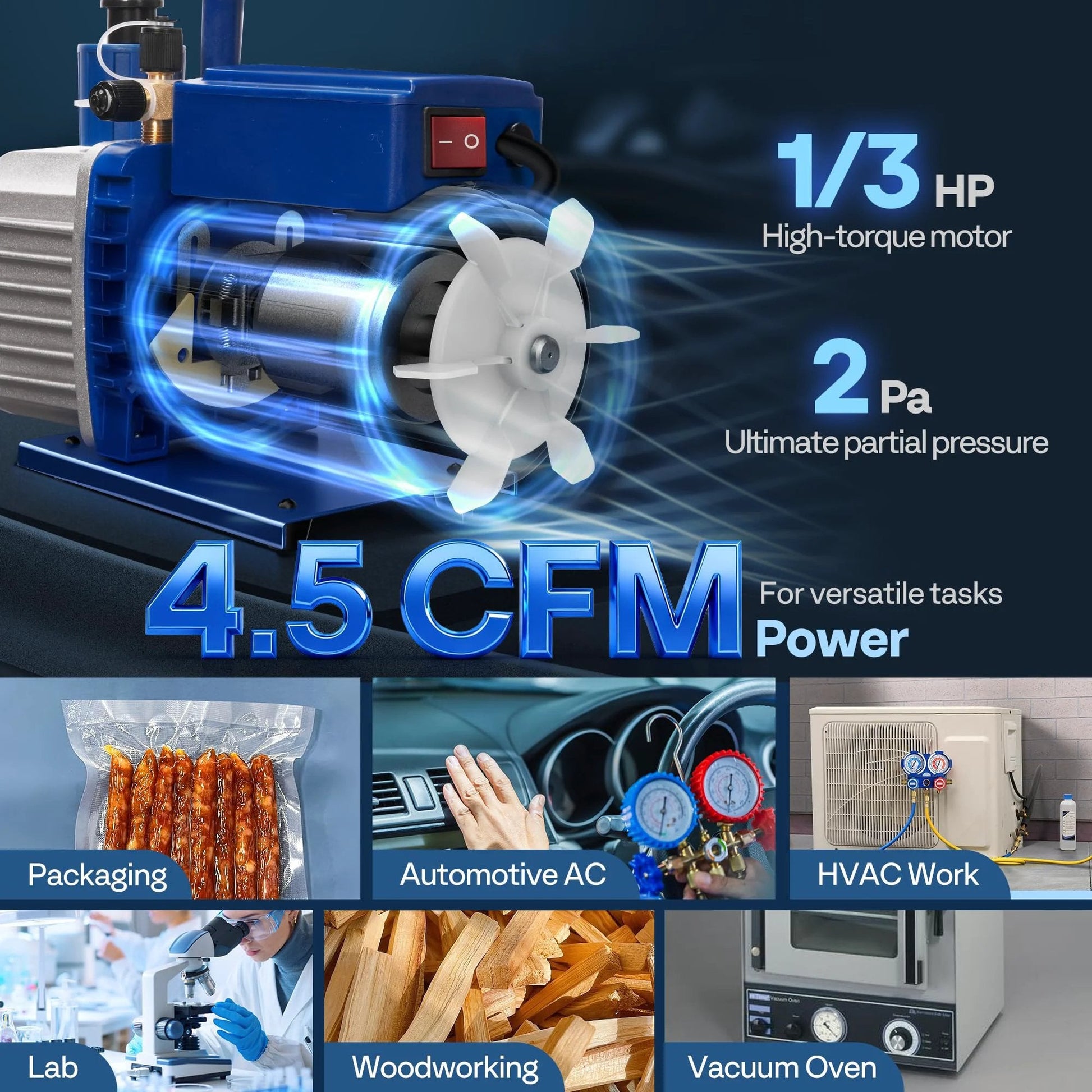 Sparkless One Third HP HVAC Vacuum Pump With 4.5 CFM And Sparkproof Auto On Off Switch 1 Stage A2L Compatible image montage