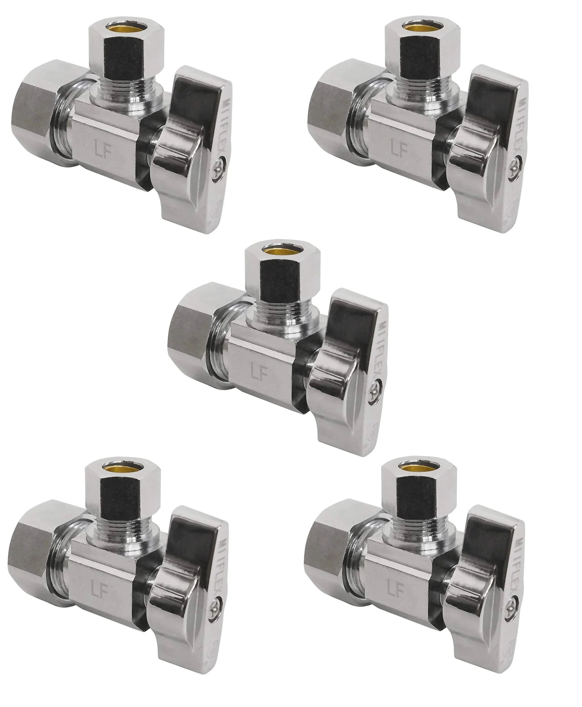 Heavy Duty One Quarter Turn Angle Shut Off Valve With Squared Body One Half Inch NOM Compression Inlet And Three Eighths Inch OD Compression Outlet Chrome Plated Brass Five Pack Built Tough For Cold And Hot Water, displayed in a set of five.