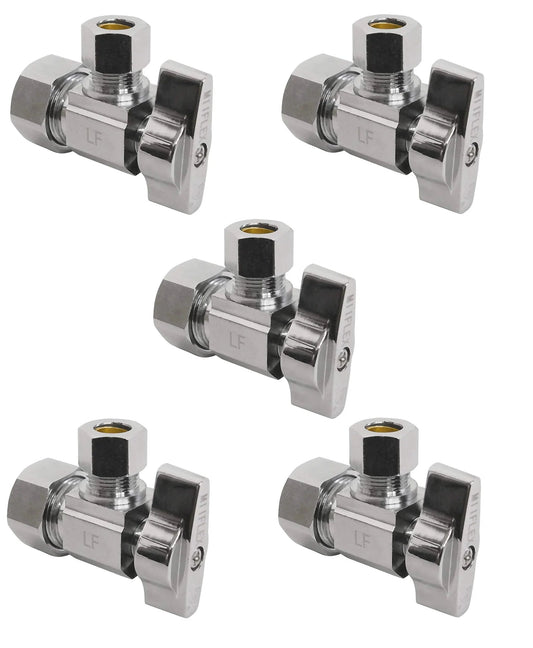 Heavy Duty One Quarter Turn Angle Shut Off Valve With Squared Body One Half Inch NOM Compression Inlet And Three Eighths Inch OD Compression Outlet Chrome Plated Brass Five Pack Built Tough For Cold And Hot Water, displayed in a set of five.