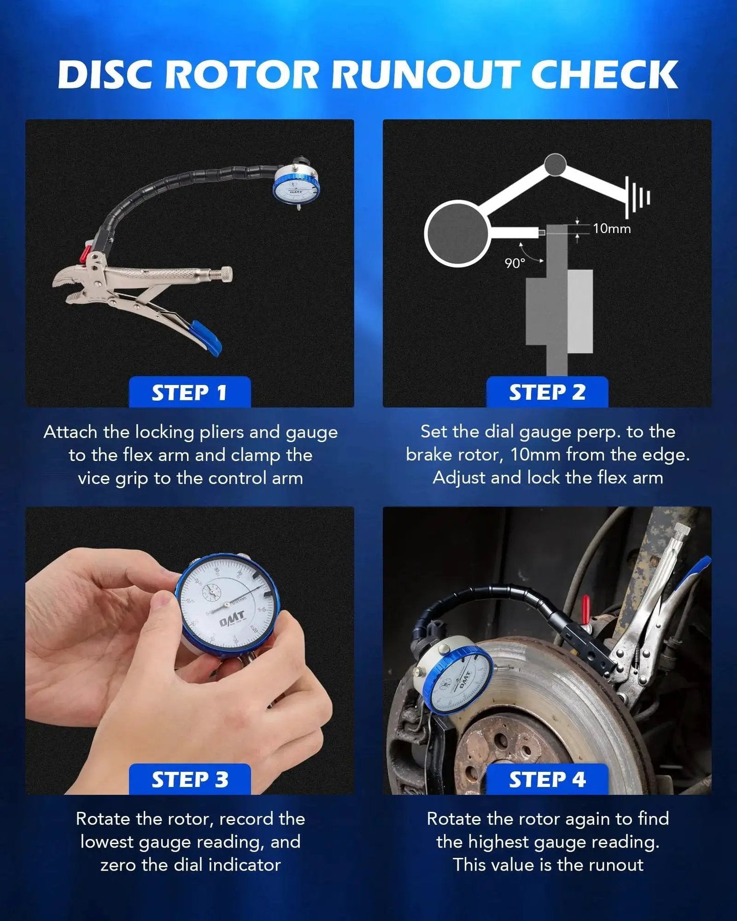 Steps for using Precision Pro Grade Automotive Dial Gauge Kit For Brake Runout And Ball Joint Wear With 7 Inch Locking Pliers