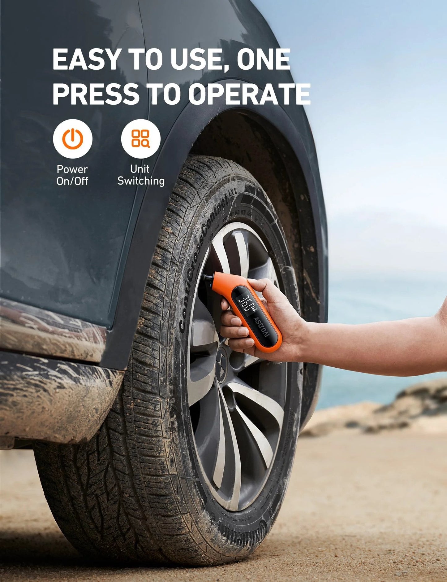 Person using Digital Tire Pressure Gauge 3-300 PSI With Backlit Display And Flashlight, Pro Grade ANSI B40.7 Grade 2A 0.5% Accuracy on car tire