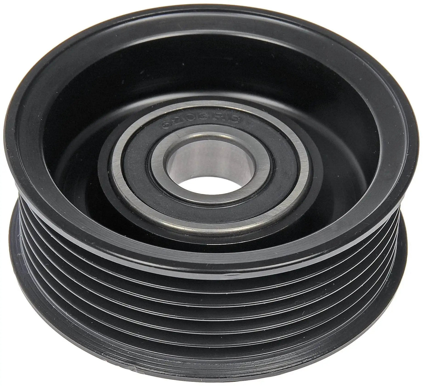 Accessory Drive Belt Idler Pulley Direct Replacement For Select Vehicles Stop Squealing Groaning And Restore Quiet Smooth Performance Featuring Durable Dorman 419629 Engineered To Meet OE Specs For Easy Installation And Long Lasting Reliability, black ribbed pulley shown in front view.