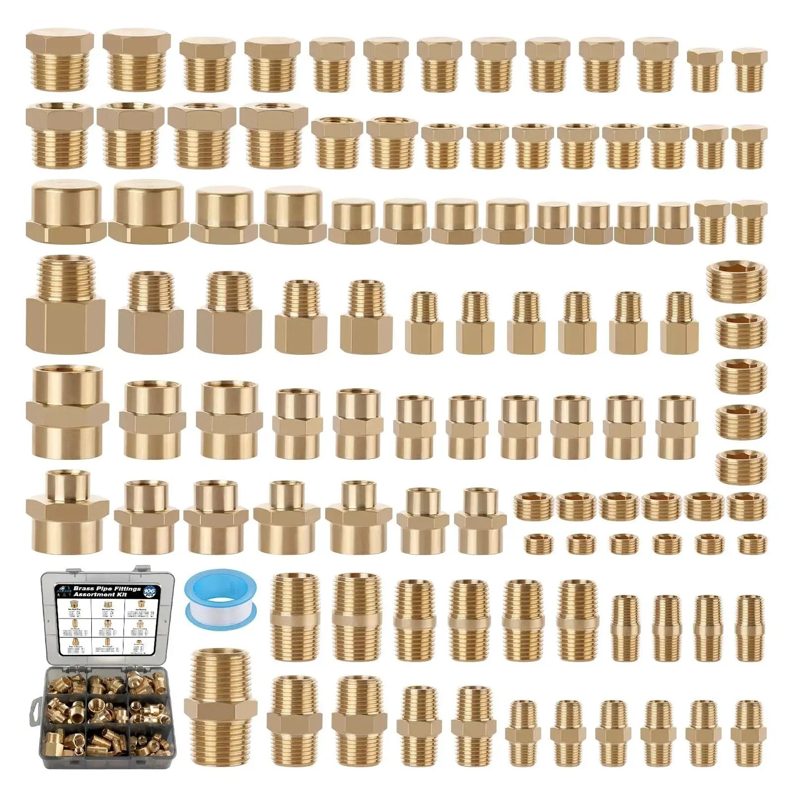 106 Piece Brass Pipe Fittings Kit For DIY Pros Includes NPT Adapters Nipples Couplings Bushings Plugs Caps And Socket Plugs Pro Grade Brass Set For Plumbing Projects Ideal For Home Repairs And Professional Use Ailbiuko displayed in rows
