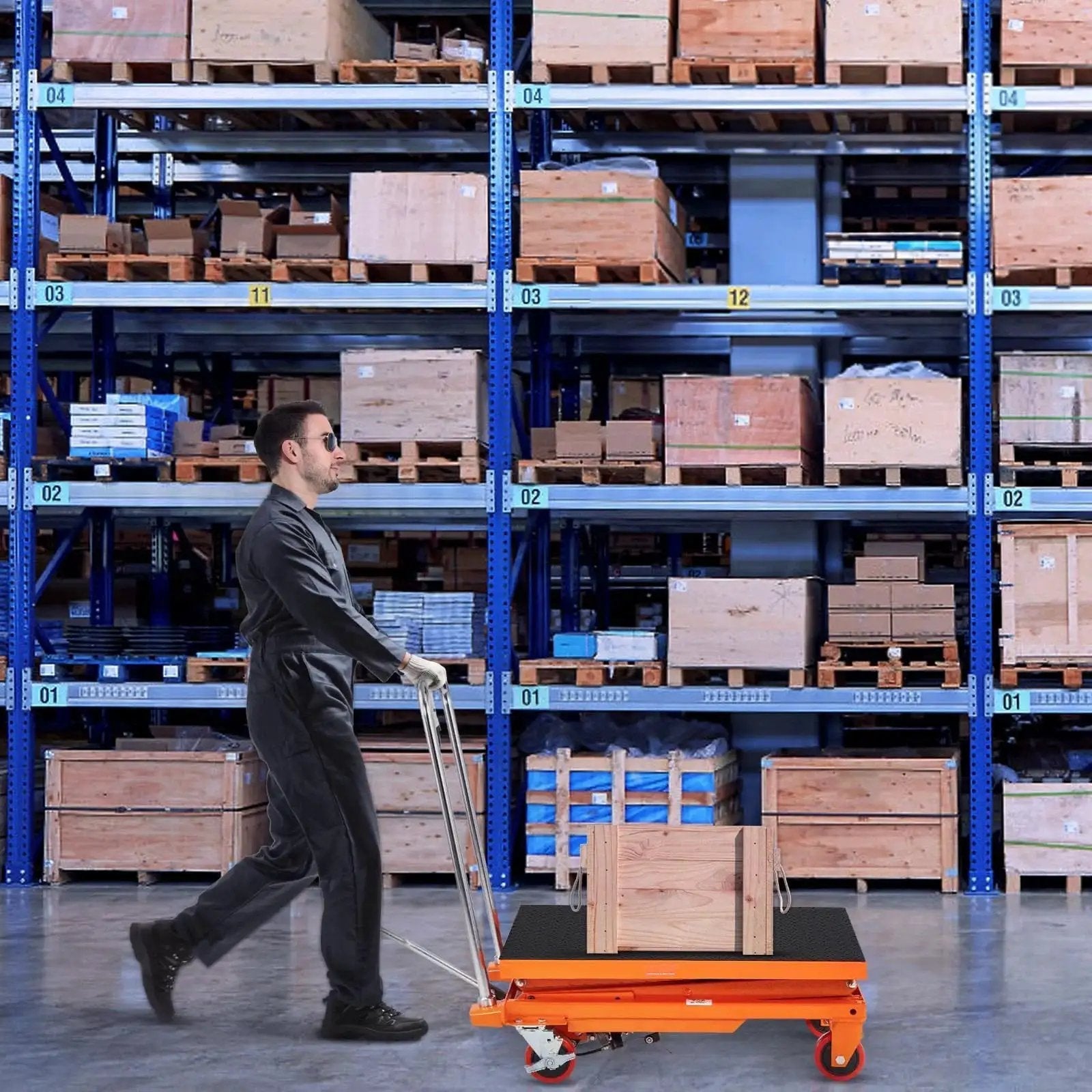 Manual Hydraulic Lift Table Cart 330lb Capacity 50in Lift with 4 Wheels used to transport crates in a warehouse
