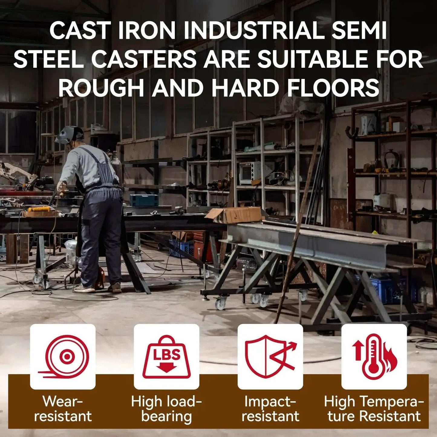 Industrial workshop with cast iron semi-steel casters, showcasing high load-bearing and temperature resistance on workbenches.