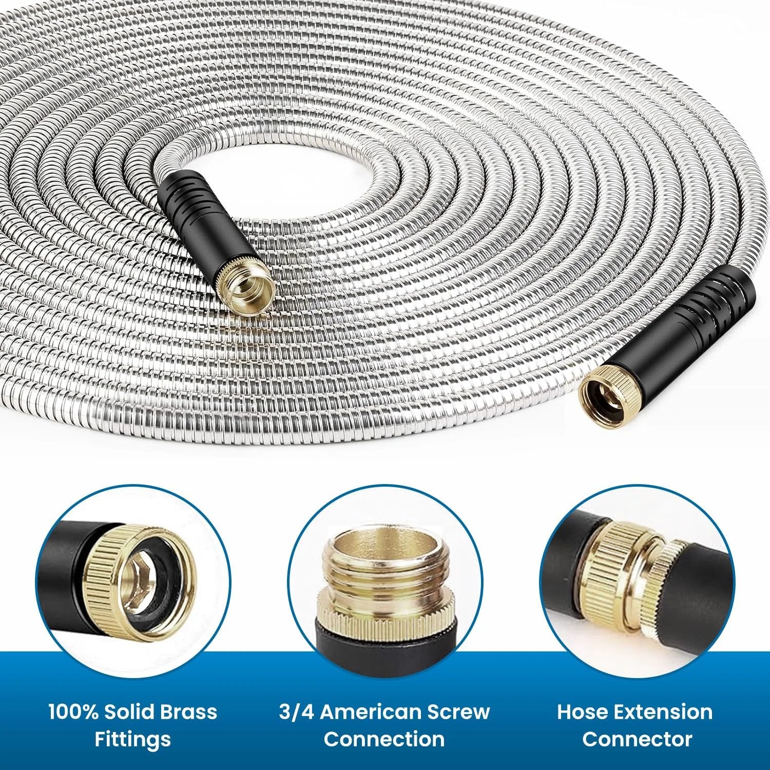 Ultra Flex Stainless Steel Garden Hose 100 Ft With 10 Function Nozzle Rust Proof And Leak Proof Connectors shown coiled with brass fittings
