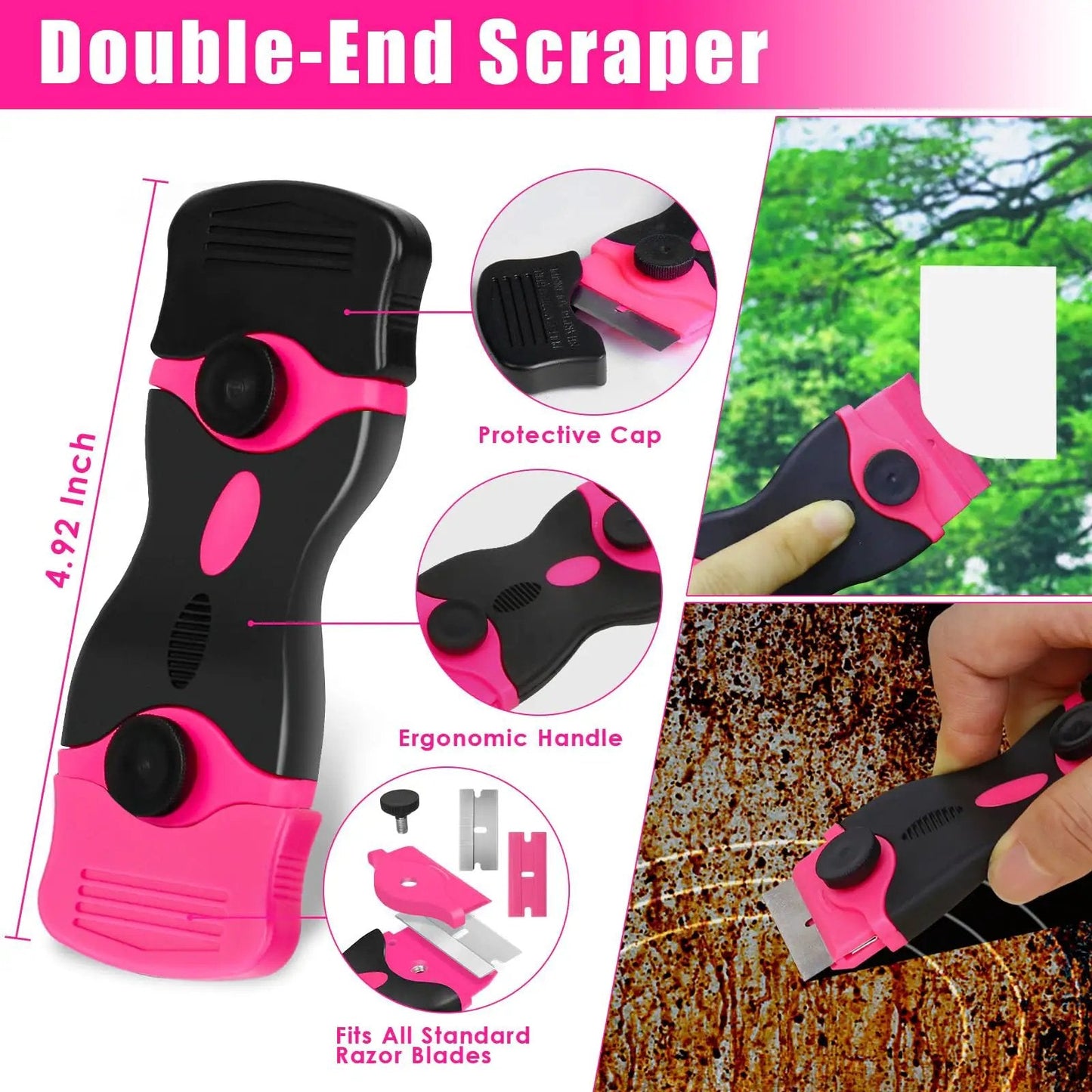 Pink Razor Scraper Kit With 3 Scrapers And 45 Replacement Blades Including 15 Metal And 30 Plastic Blades For Paint Adhesive Decal Stickers Glass Window Stovetop Cleanup Includes 1 Long Scraper And 2 Double Ended Scrapers with ergonomic handle and protective cap