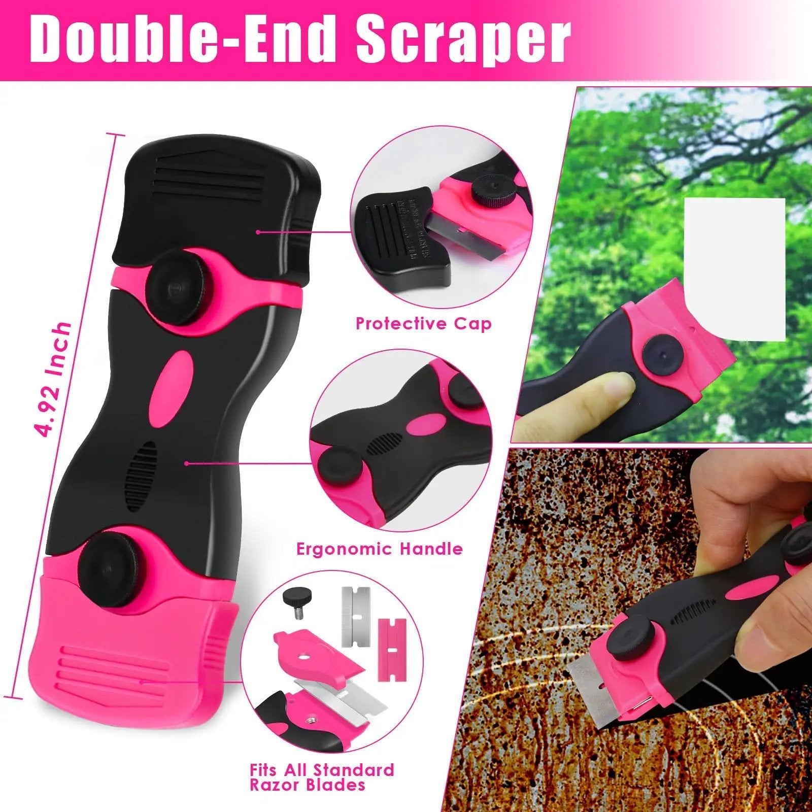 Pink Razor Scraper Kit With 3 Scrapers And 45 Replacement Blades Including 15 Metal And 30 Plastic Blades For Paint Adhesive Decal Stickers Glass Window Stovetop Cleanup Includes 1 Long Scraper And 2 Double Ended Scrapers with ergonomic handle and protective cap