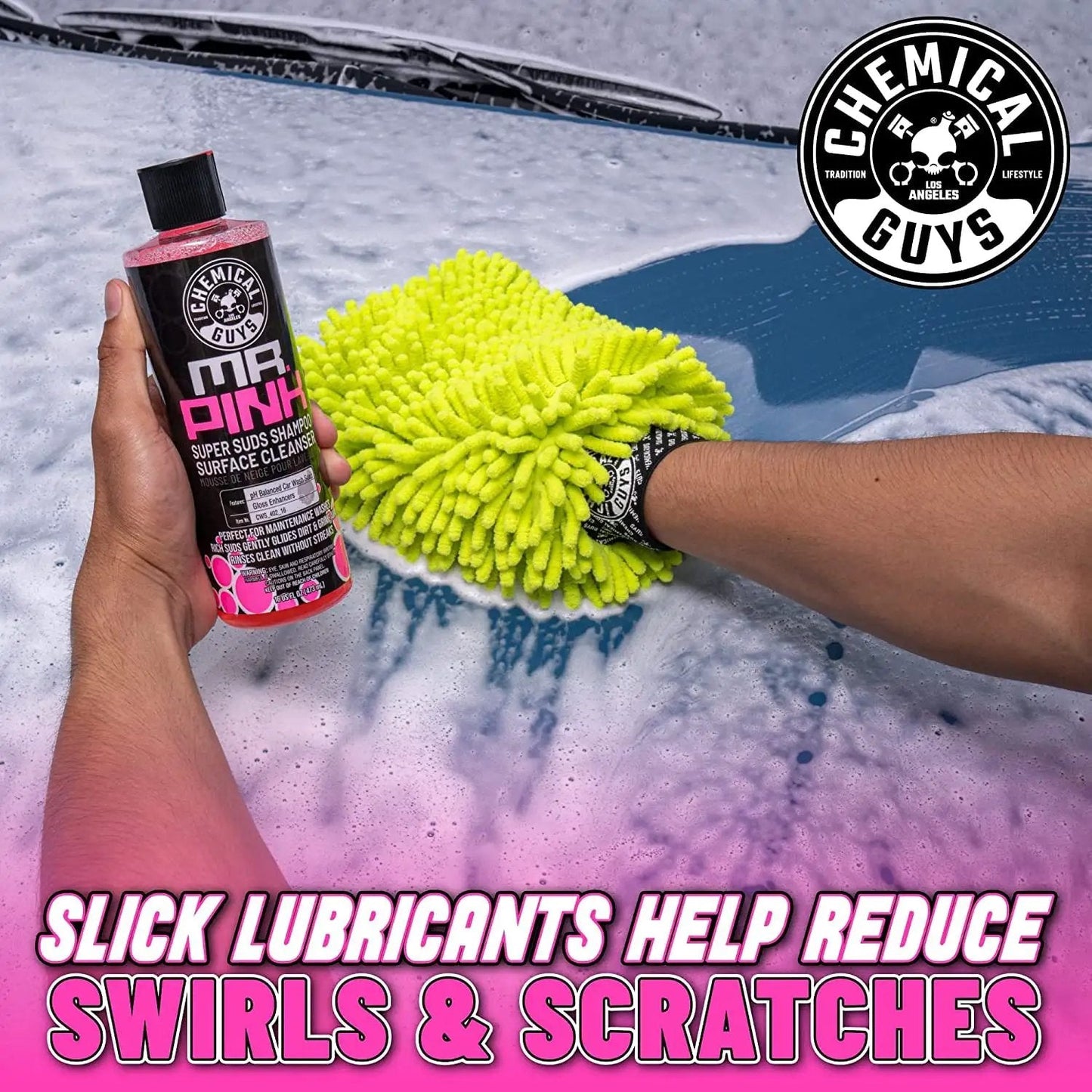 Mr Pink Foaming Car Wash Soap For Foam Cannons And Buckets Candy Scent Safe For Cars Trucks Motorcycles RVs And More 473 Ml in hand with a yellow microfiber towel.