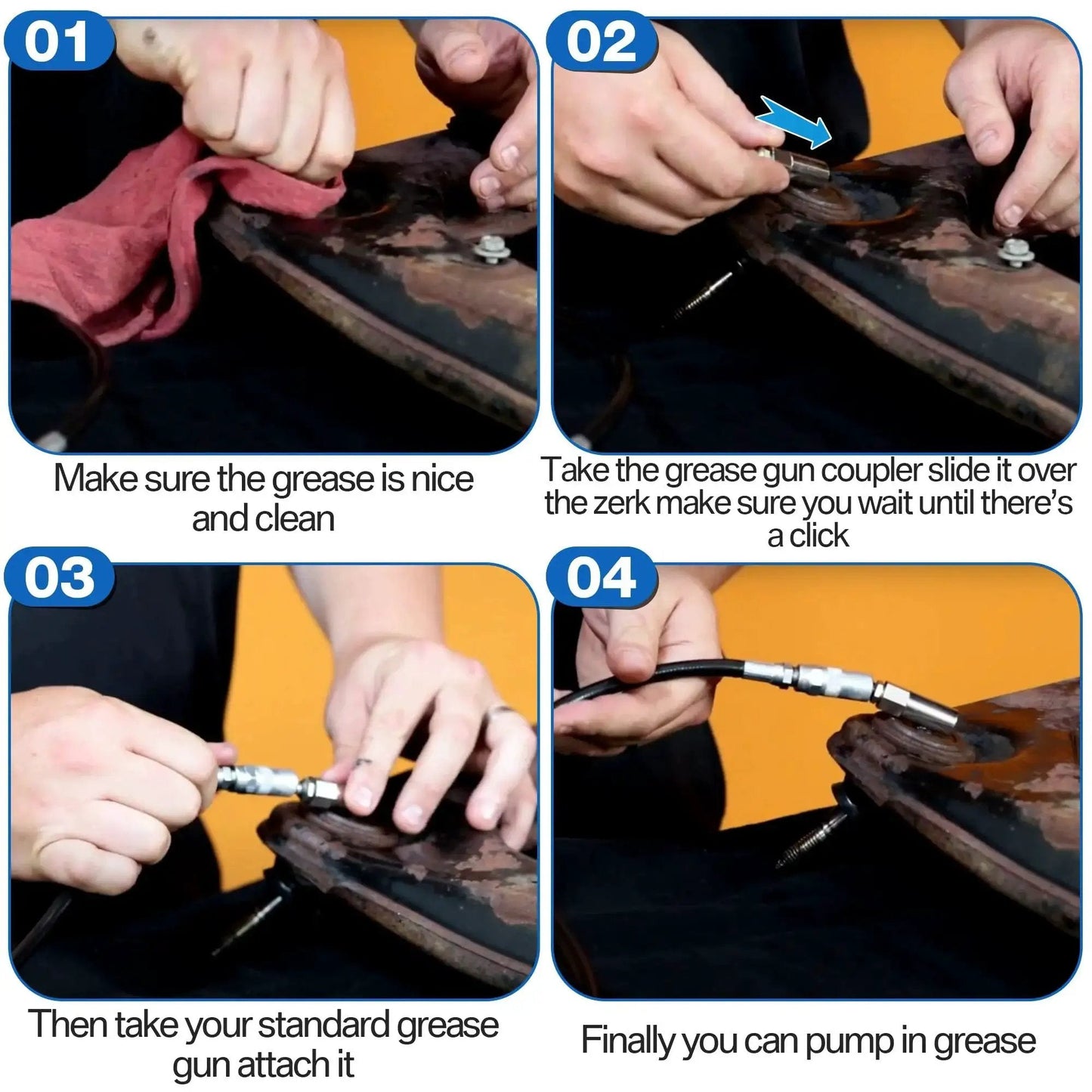 Steps showing how to use the Grease Gun Coupler With One Eighth Inch NPT Threads, Saillong Push On Slotted Right Angle for lubrication.