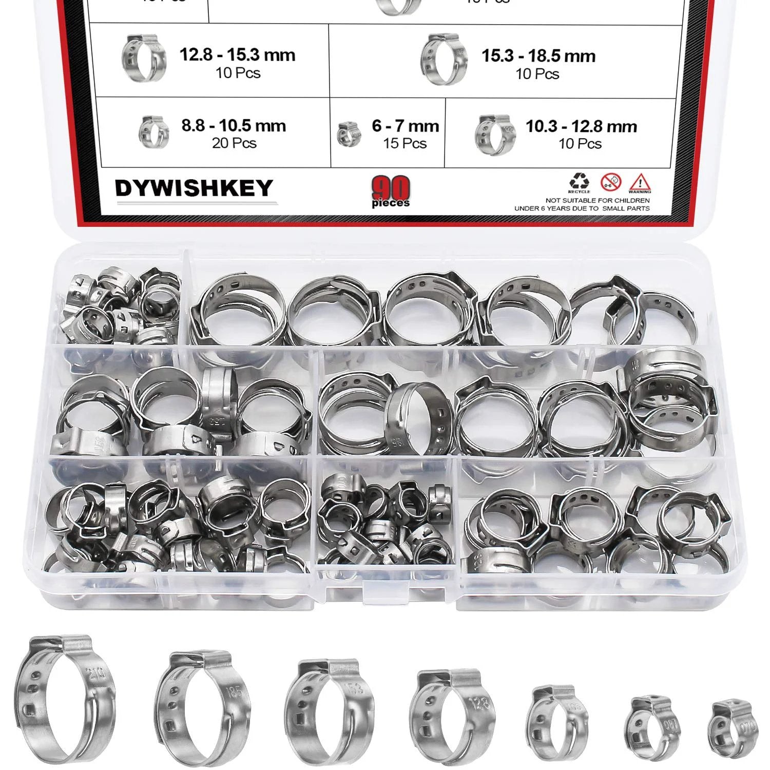 90 Pack Adjustable Hose Clamps 6 To 21mm Single Ear, 304 Stainless Steel Heavy Duty Hose Band Clamps in storage case