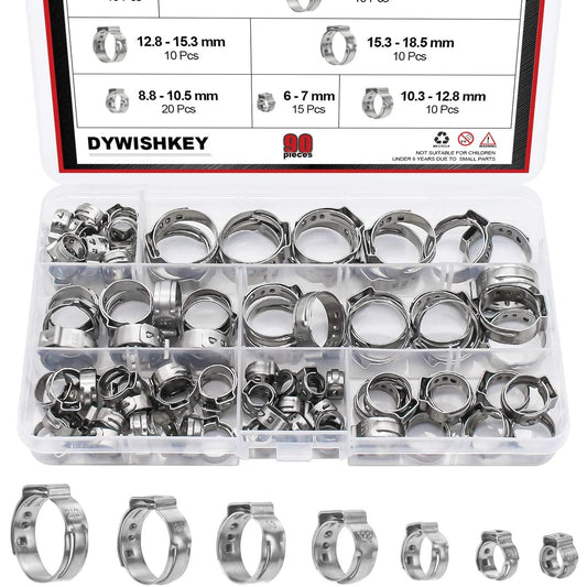 90 Pack Adjustable Hose Clamps 6 To 21mm Single Ear, 304 Stainless Steel Heavy Duty Hose Band Clamps in storage case