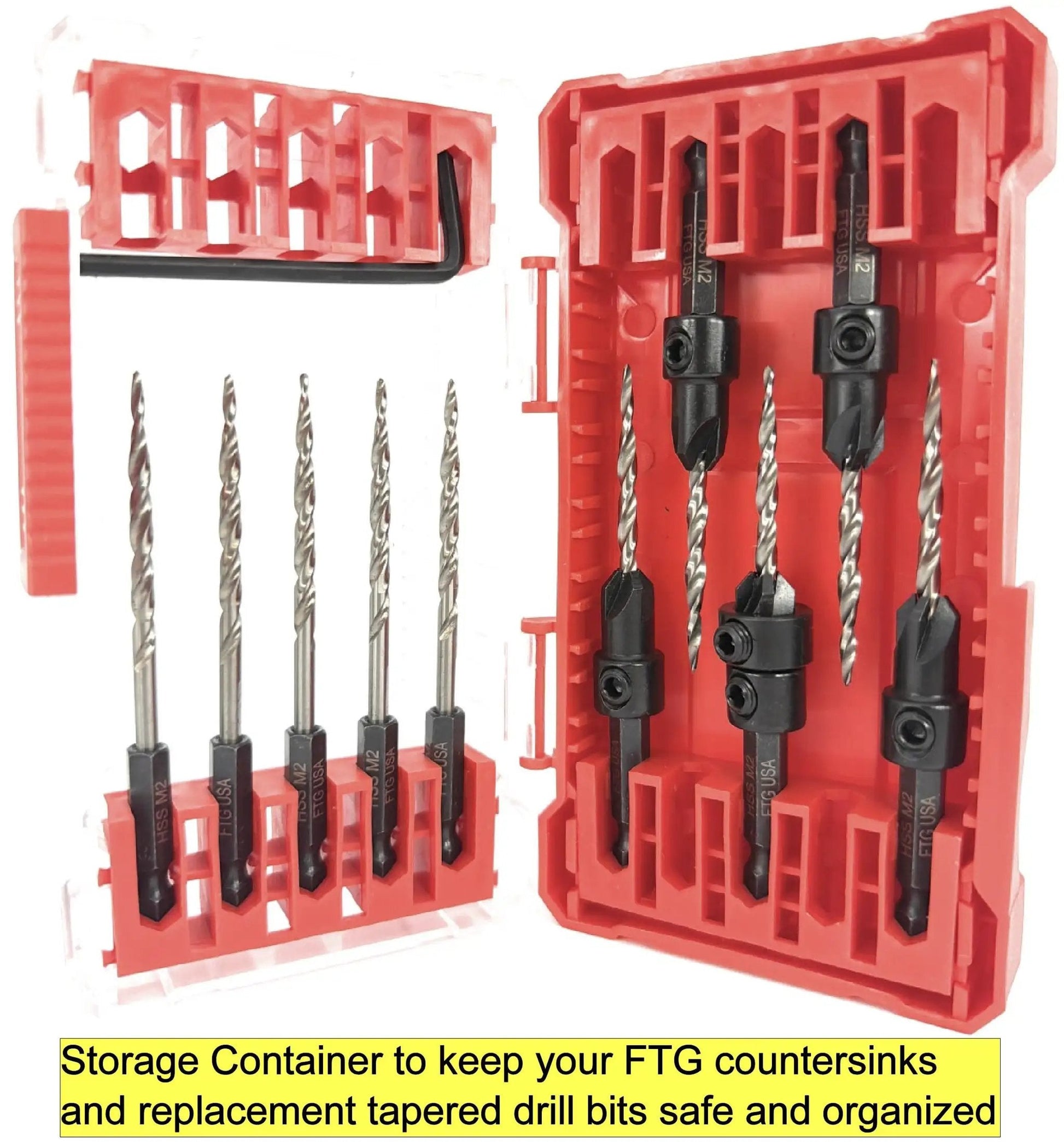 Woodworking Five Piece Depth Adjustable Countersink Drill Bit Set With Replacement Tapered Bits In A Tough Storage Case Size Six Nine Sixty Fourth Inch For Precise Finishes And Quick Setup In Cabinets Furniture And DIY Projects From FTG USA in open red storage case displaying bits