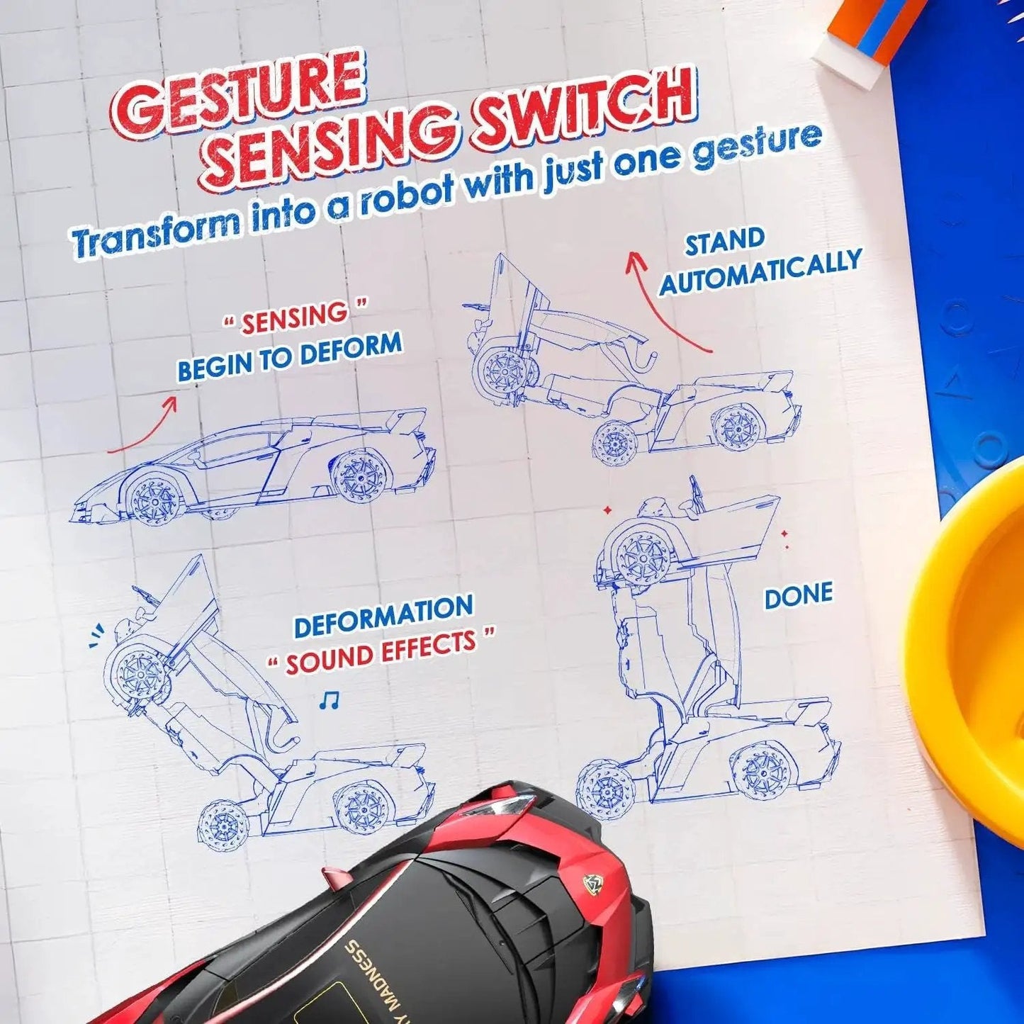 Blueprint showing 1:10 Scale Transforming RC Car And Robot With Gesture Control For Dope Epic Playtime and car model.