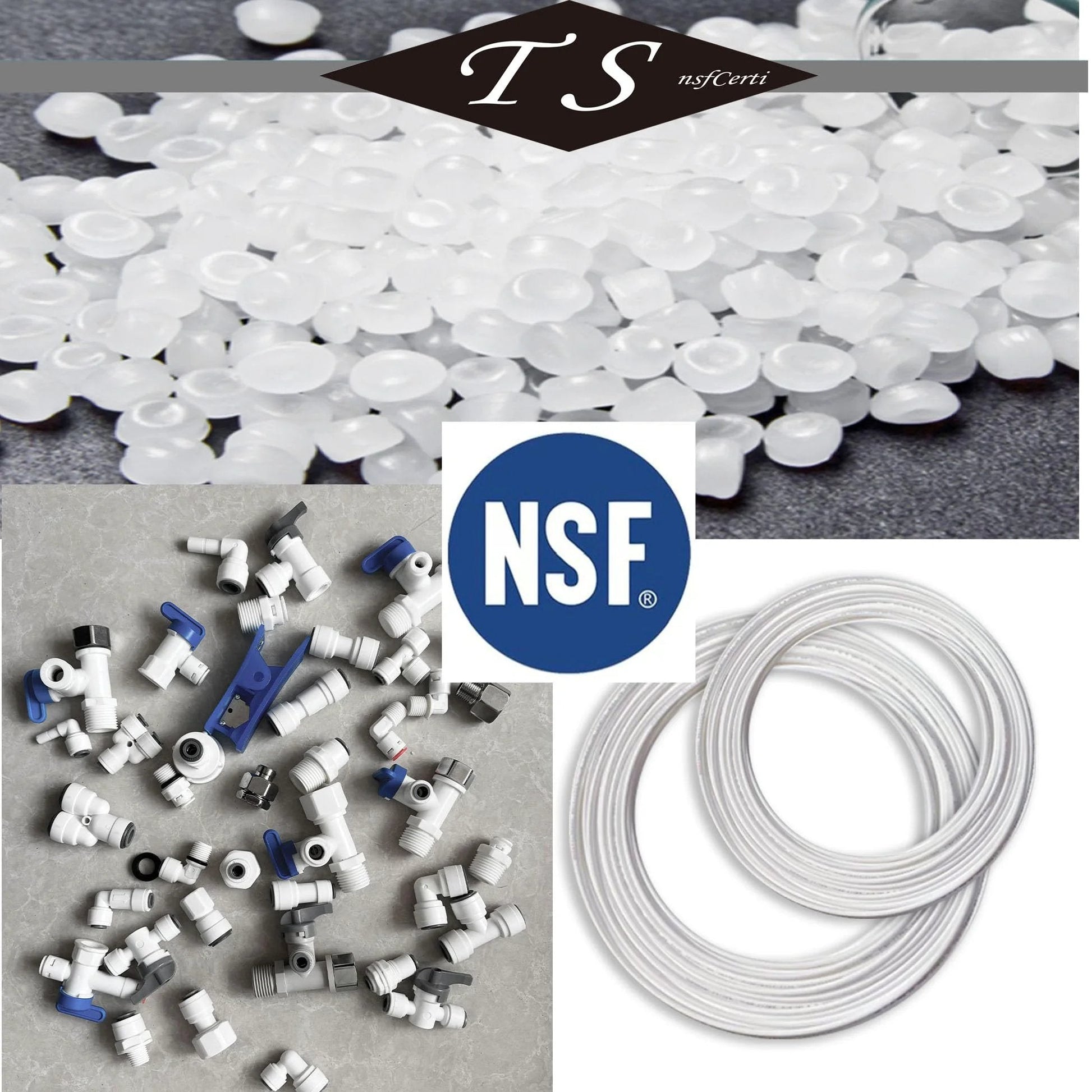 One Quarter Inch Push To Connect Water Line Fittings And Thirty Feet Of One Quarter Inch Tubing Kit For Reverse Osmosis Systems, Easy Install With Eleven Connectors, BPA Free POM Material, NSF Certified, Feed Water Adapter Kit with fittings, tubing, and NSF certification badge