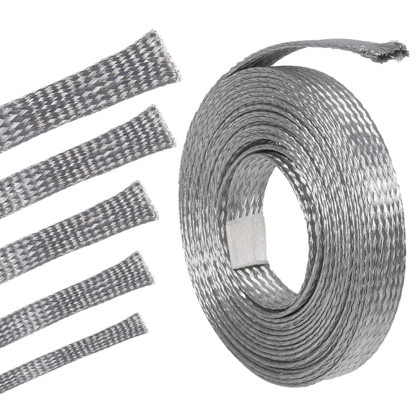 Tinned Copper Braided Ground Strap Shielding Sleeve for quick bonding and EMI interference shielding, 28 ft roll, 5/16 in wide