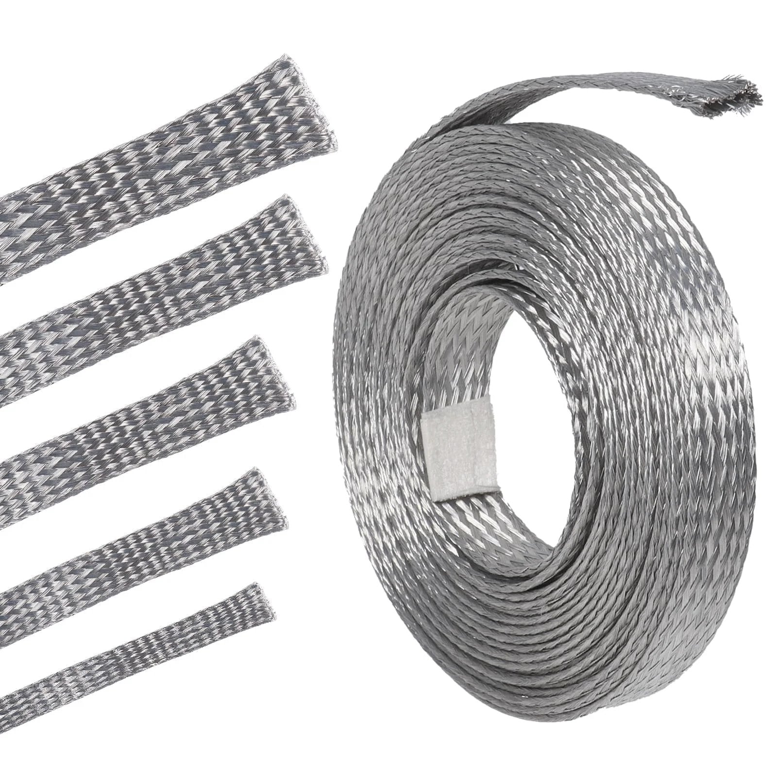 Tinned Copper Braided Ground Strap Shielding Sleeve for quick bonding and EMI interference shielding, 28 ft roll, 5/16 in wide