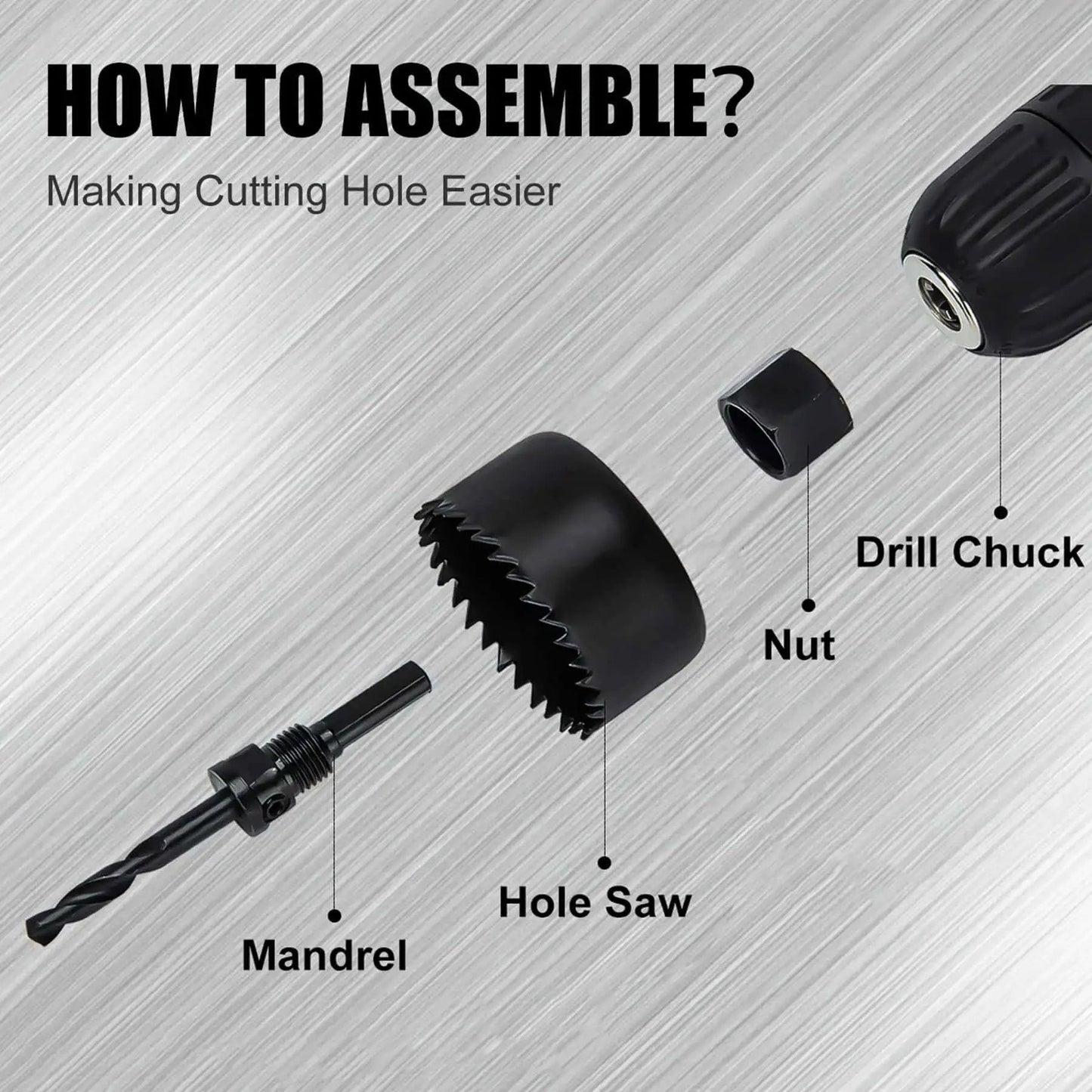 Assembly guide for Six Piece Hole Saw Kit With Case And Mandrels For Soft Wood PVC And Plywood 1-1/4 To 2-1/8 Inch 32-54mm Set KATA