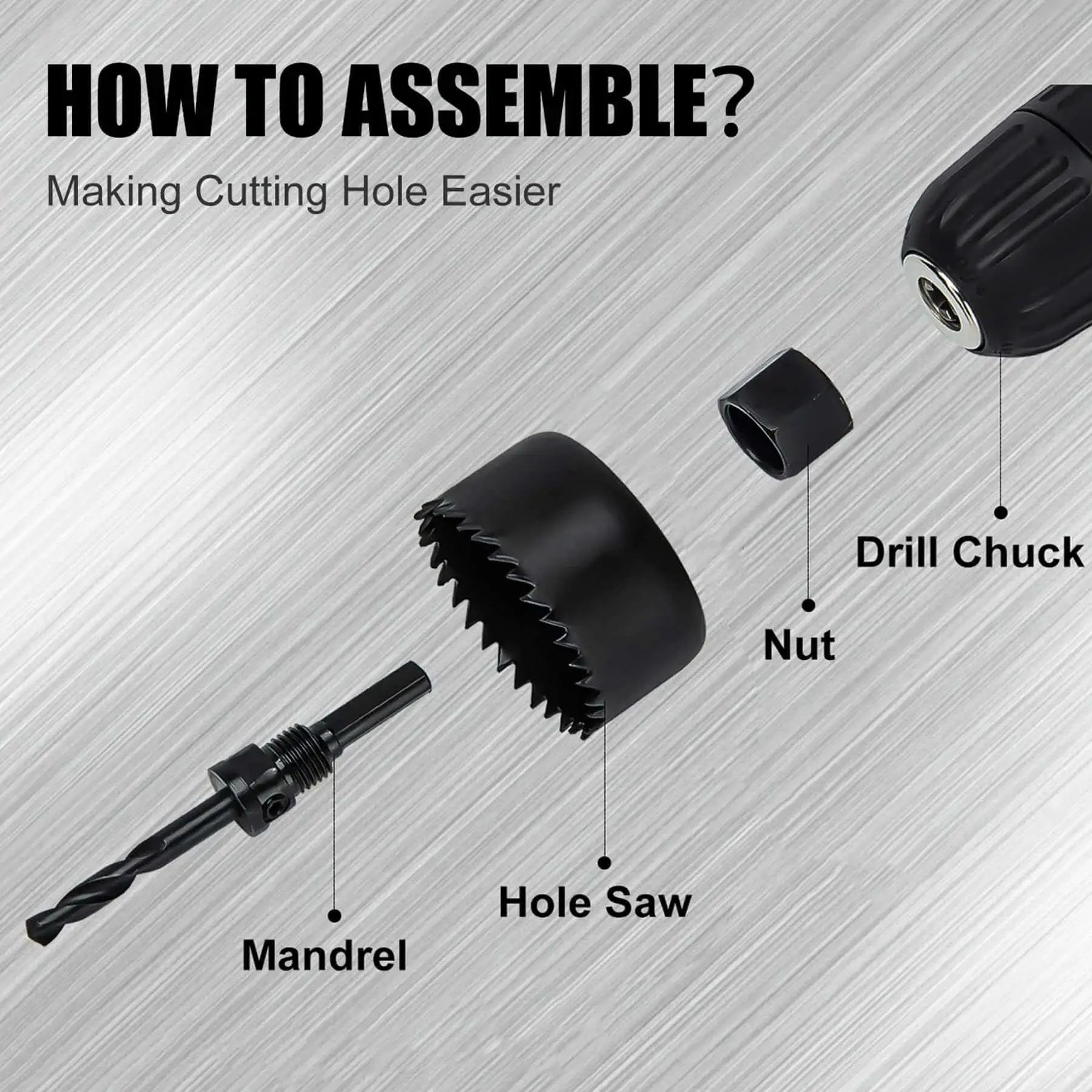 Assembly guide for Six Piece Hole Saw Kit With Case And Mandrels For Soft Wood PVC And Plywood 1-1/4 To 2-1/8 Inch 32-54mm Set KATA