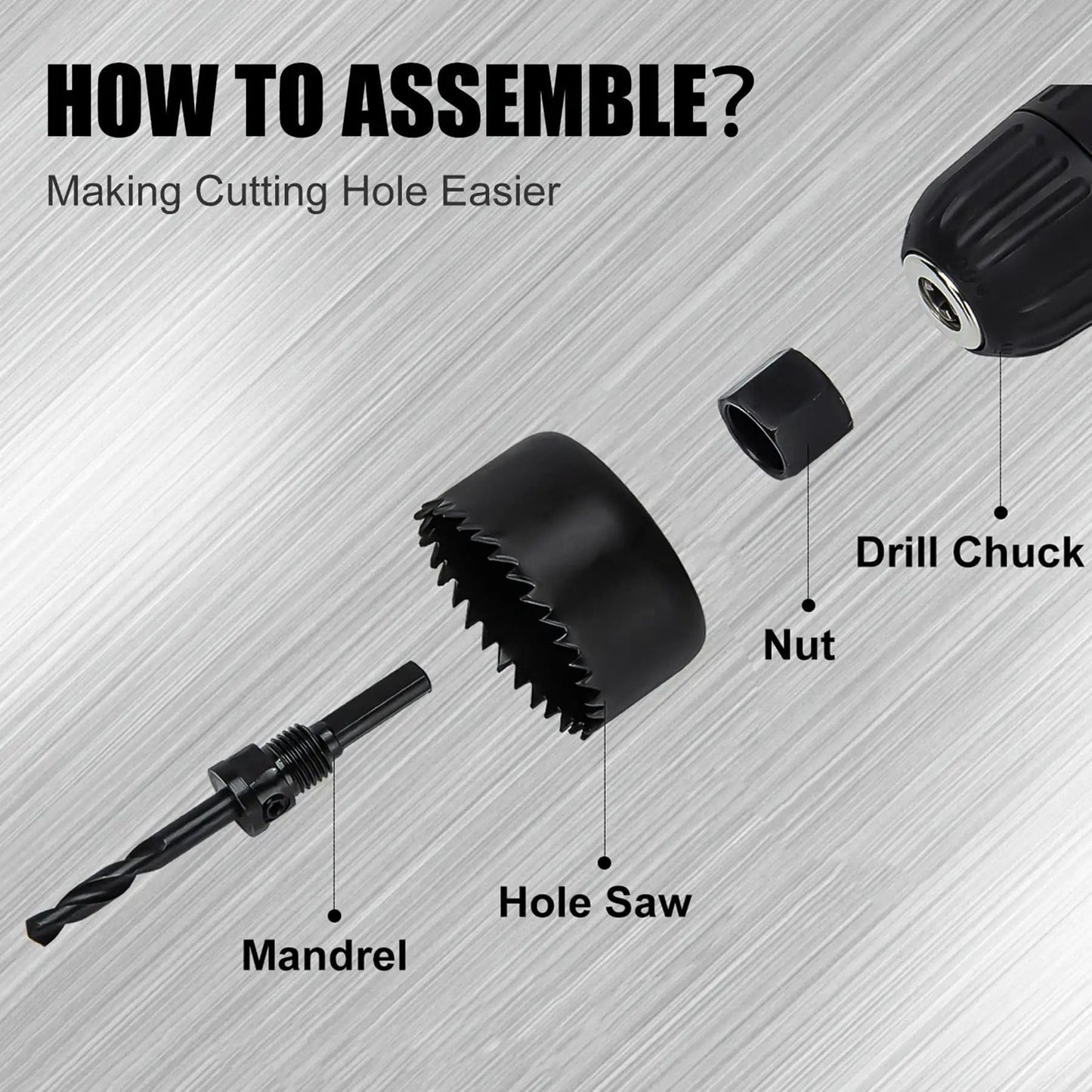 Assembly of 8 Piece Hole Saw Kit With Case 1 To Two And One Eighth Inches Includes Five Saw Blades Mandrel Two Drill Bits And Hex Key