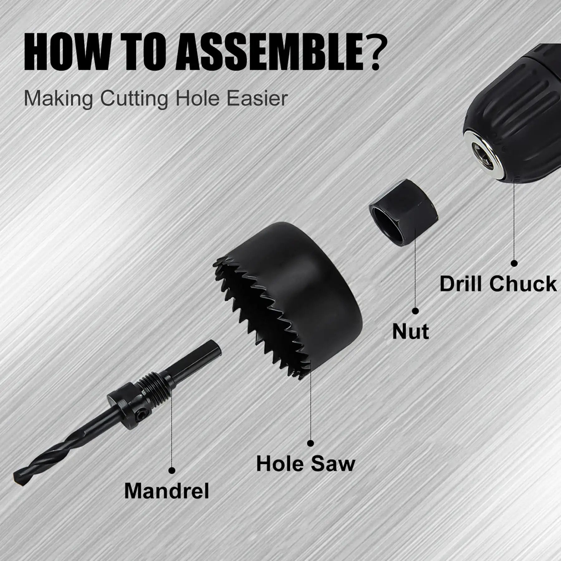 Assembly of 8 Piece Hole Saw Kit With Case 1 To Two And One Eighth Inches Includes Five Saw Blades Mandrel Two Drill Bits And Hex Key