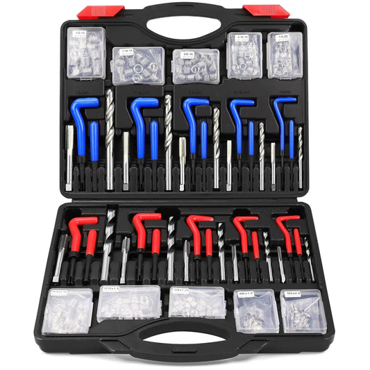 Thread Repair Kit 320-Piece Universal Metric SAE Rethread Tool Set For Engines in a black case with drill bits and taps.