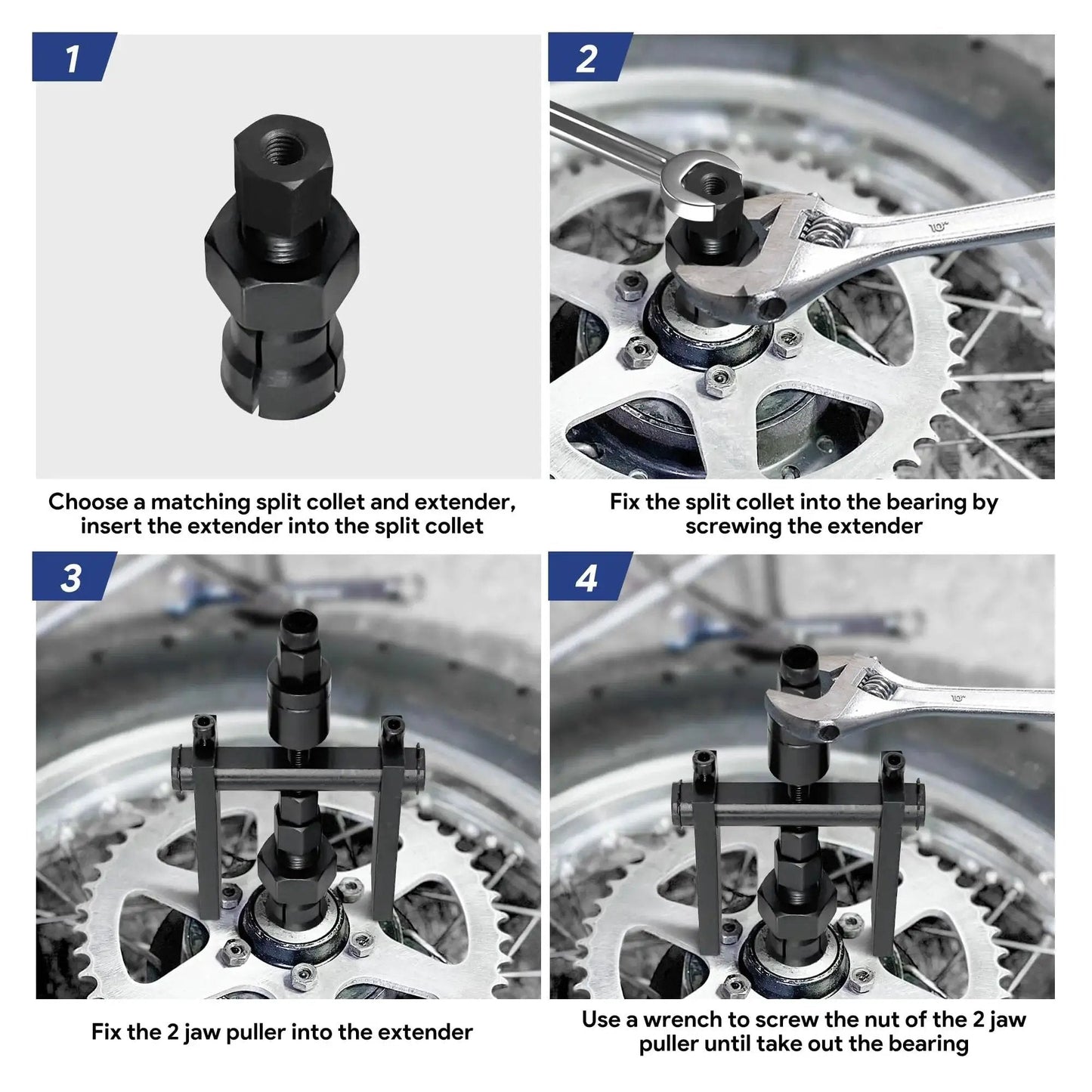 Motorcycle Bearing Puller Kit With Blind Puller And Slide Hammer Set, 12 Piece Set in use on motorcycle wheel bearing.