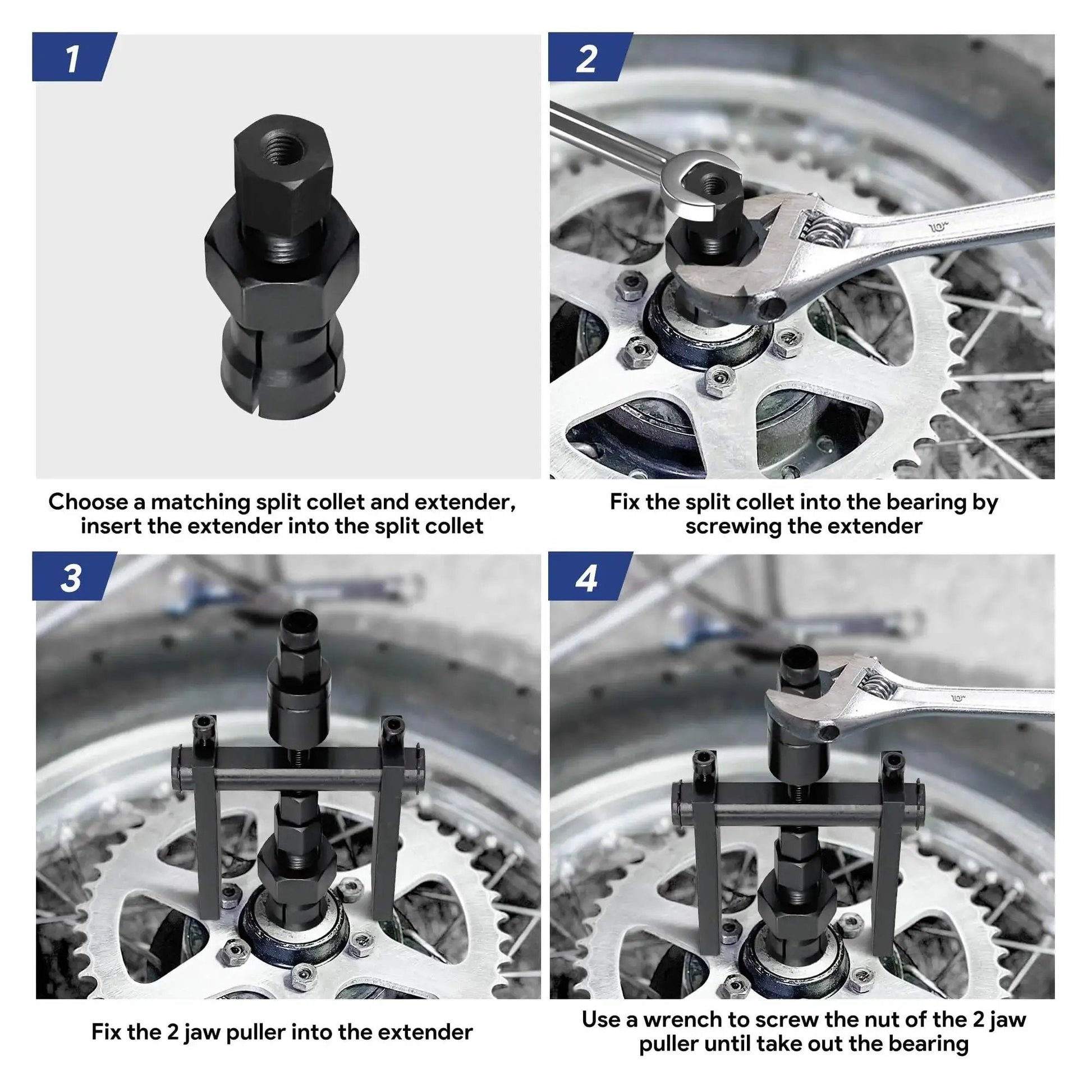 Motorcycle Bearing Puller Kit With Blind Puller And Slide Hammer Set, 12 Piece Set in use on motorcycle wheel bearing.