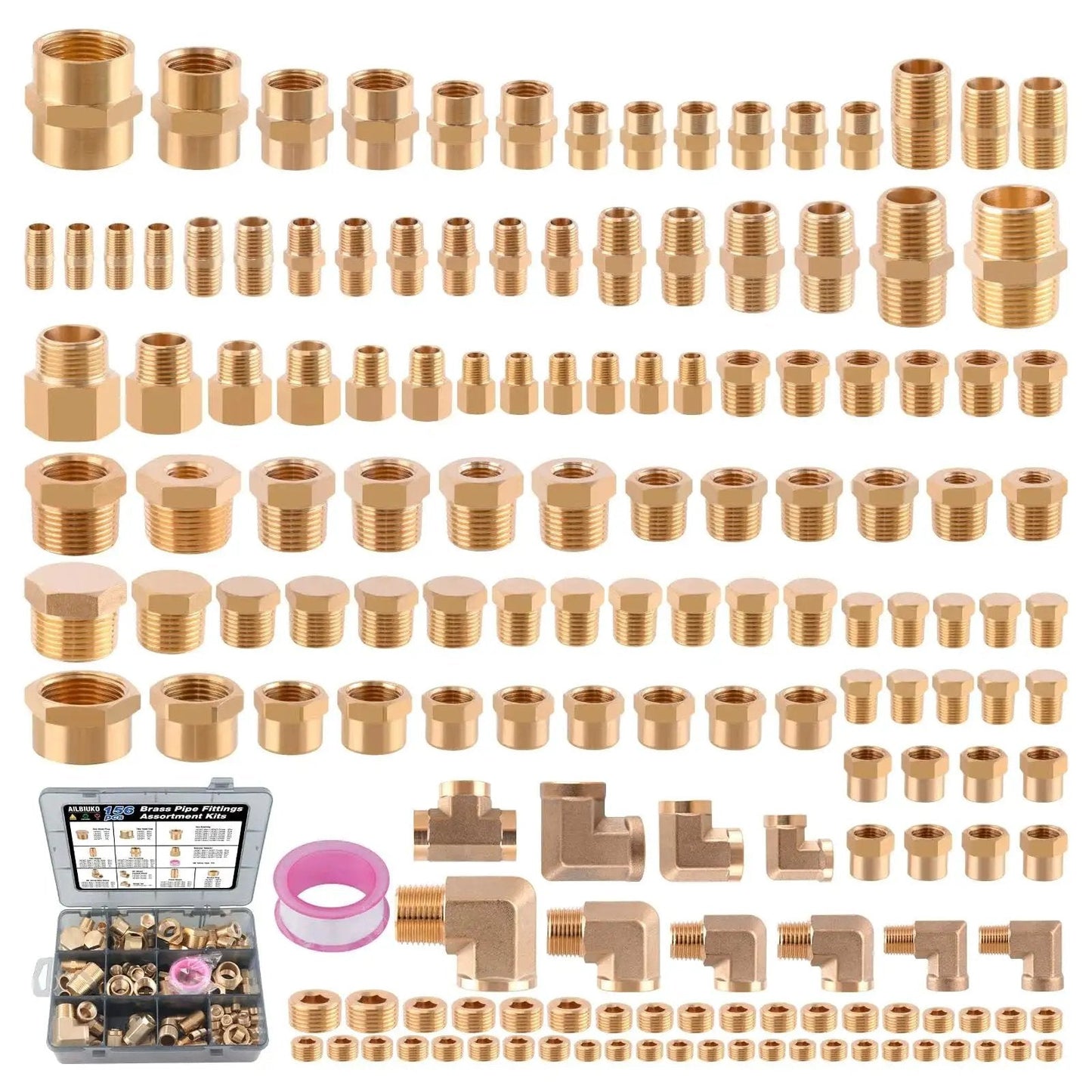 Brass Pipe Fittings Kit 156 Pcs NPT Adapters Reducing Bushings Hex Nipples Elbows Tees Plugs Caps for DIY Home Plumbing Projects