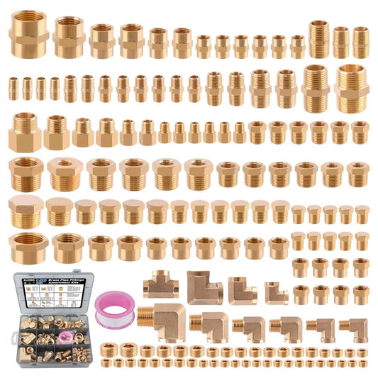 Brass Pipe Fittings Kit 156 Pcs NPT Adapters Reducing Bushings Hex Nipples Elbows Tees Plugs Caps for DIY Home Plumbing Projects