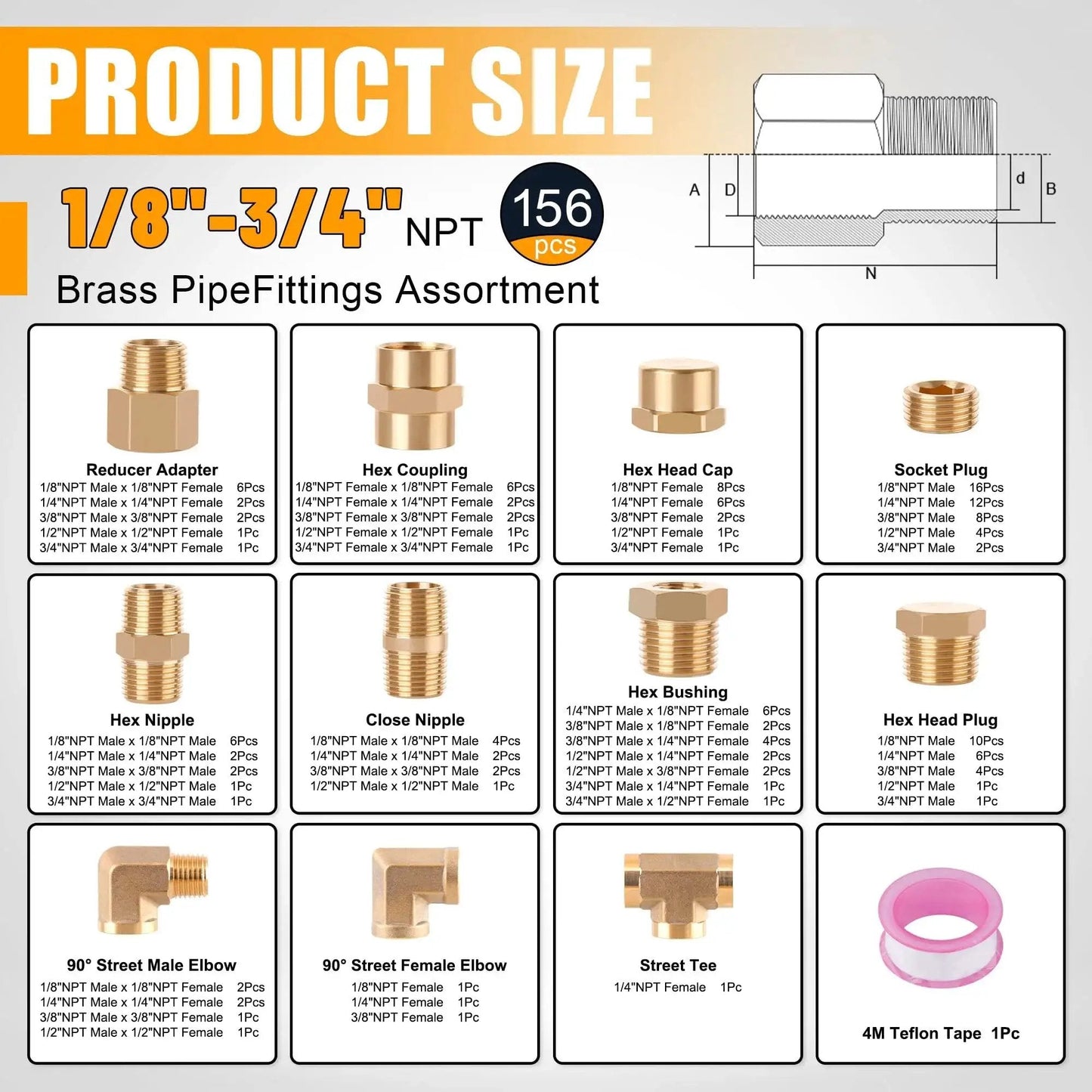 Brass Pipe Fittings Kit 156 Pcs NPT Adapters Reducing Bushings Hex Nipples Street Elbows Tees Plugs Caps assortment chart
