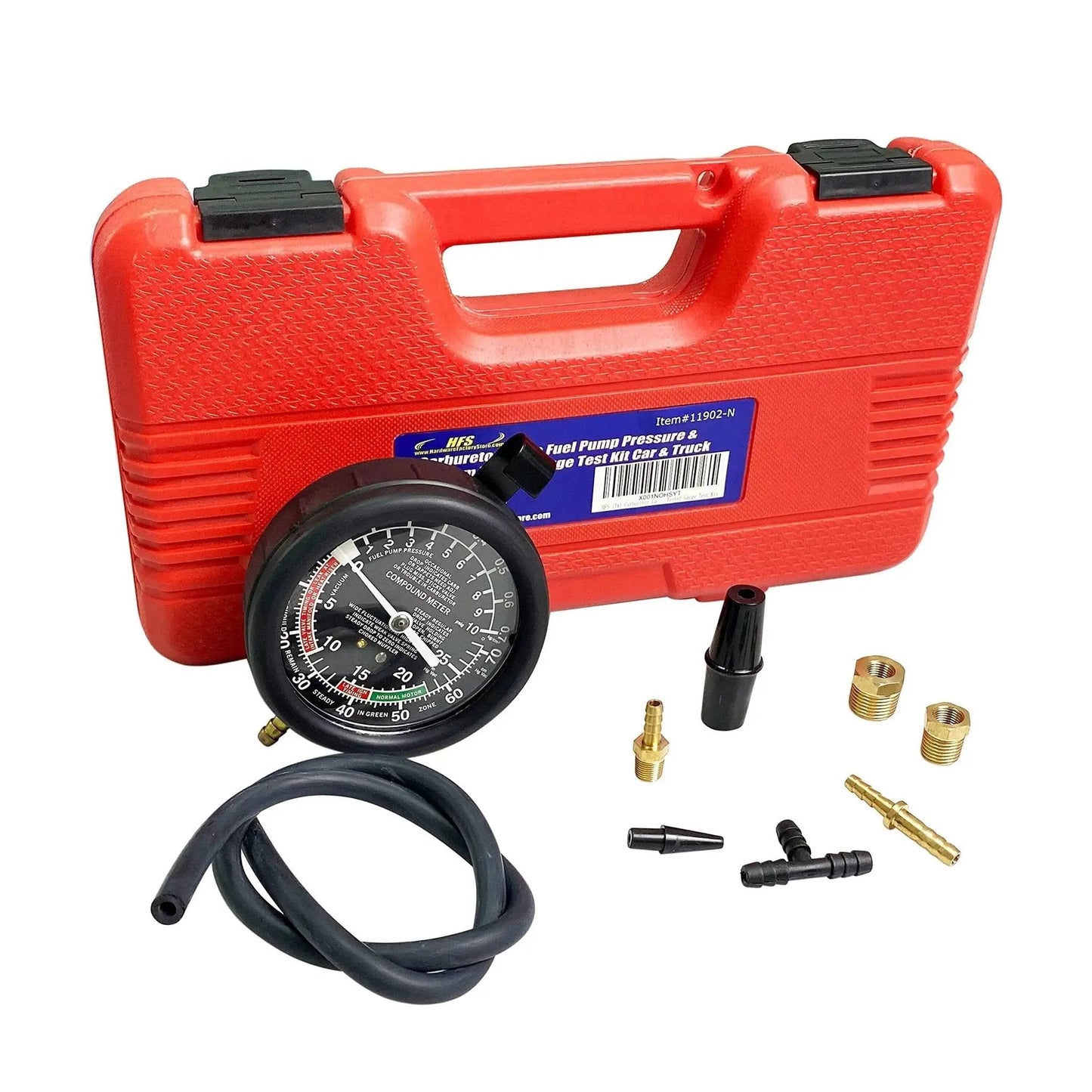Fuel Pump Pressure Tester Kit With Vacuum Gauge For Carburetor Valve Adjustment, red case, dial gauge, adapters.