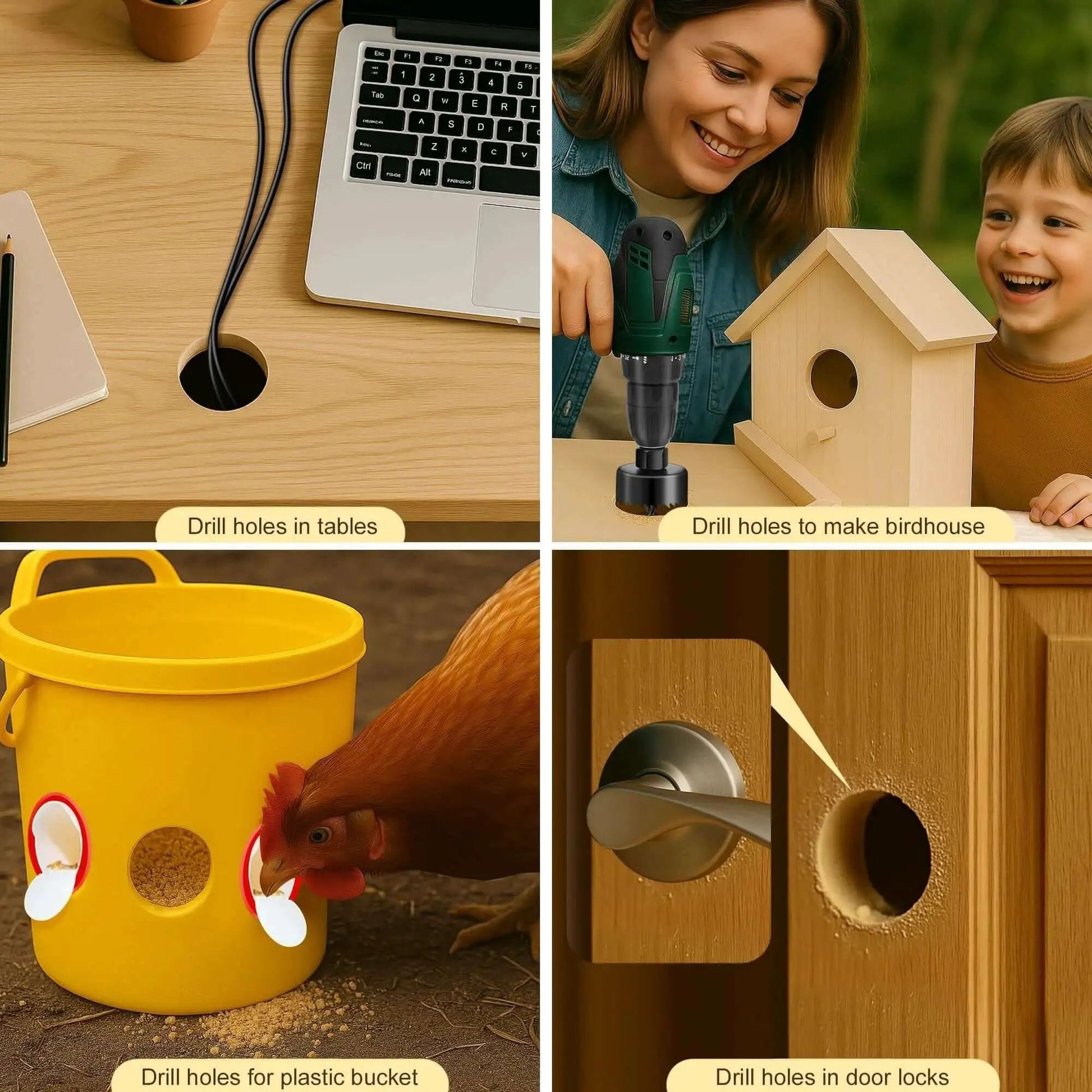 Six Piece Hole Saw Kit With Four Sizes From 1 1/4 Inch To 2 1/8 Inch Includes Mandrels And Hex Key Built From Hardened Carbon Steel for drilling applications in tables, birdhouses, plastic buckets, and door locks shown.