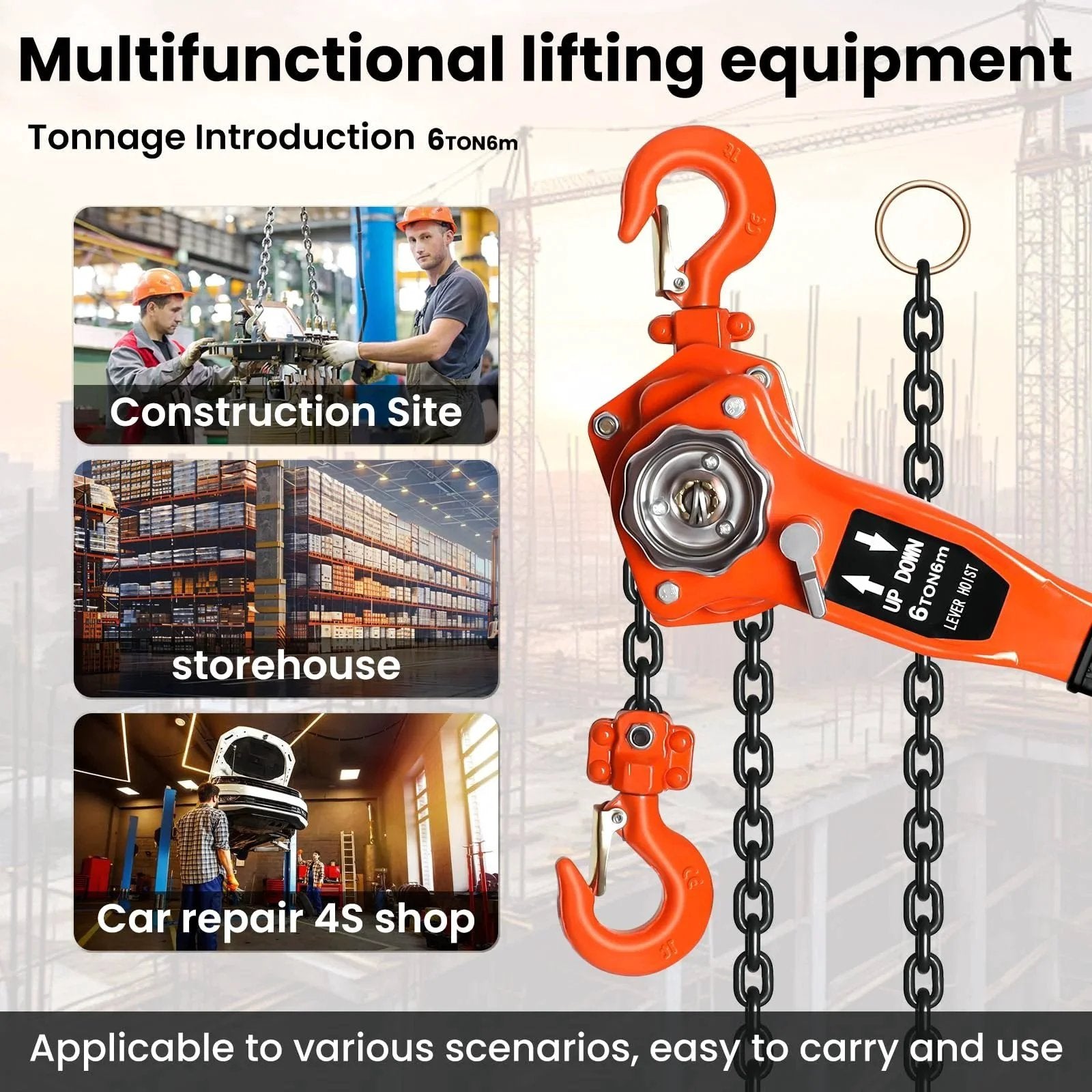 6 Ton Manual Lever Chain Hoist With 20 Ft Lift Height Heavy Duty Come Along Winch, images of construction, warehouse, car repair use