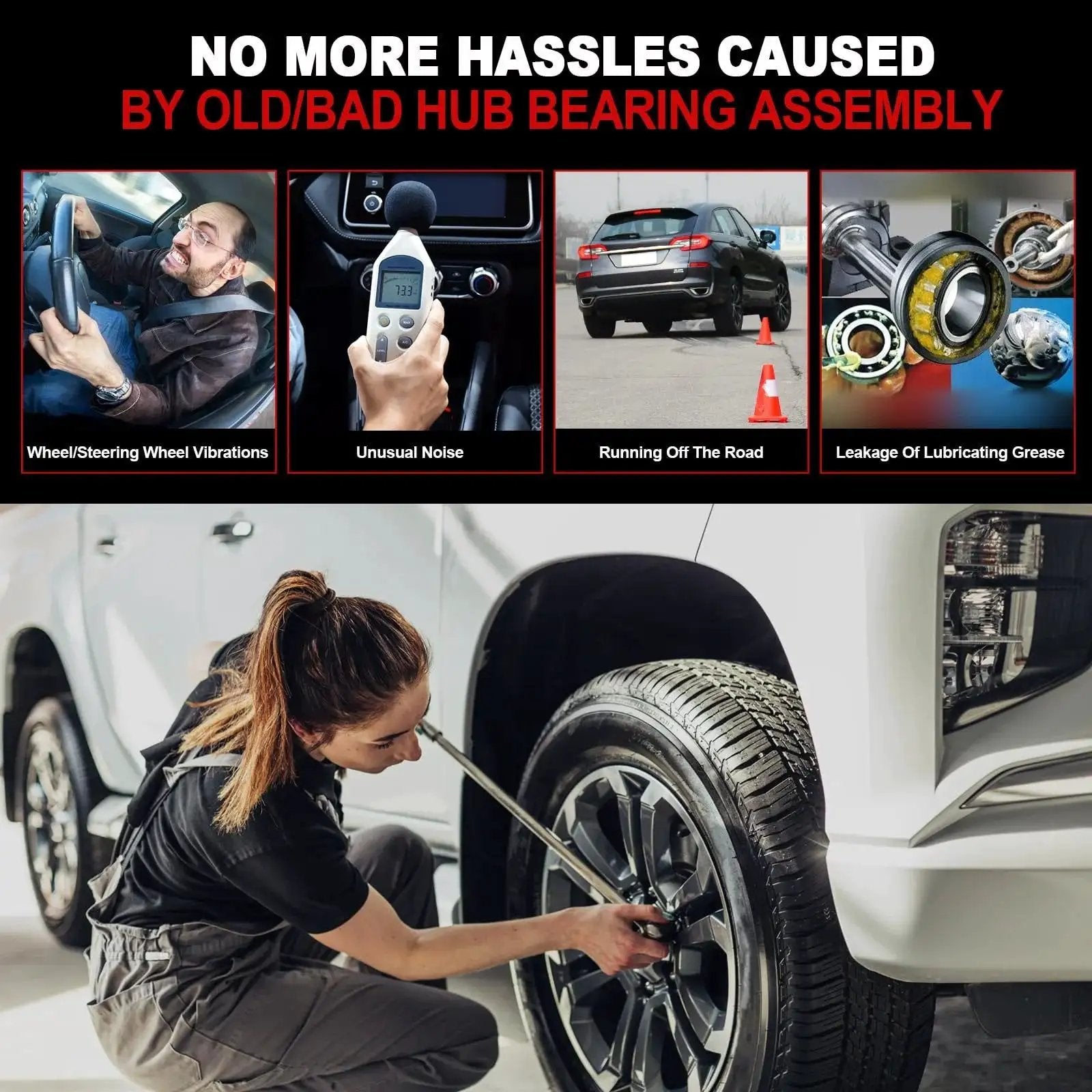 Mechanic working on a wheel; images illustrating problems like noise and vibrations caused by old hub bearings.