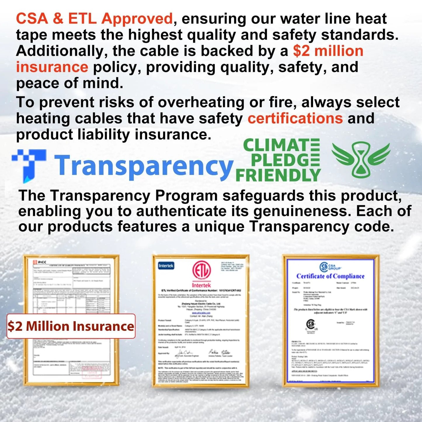 Self Regulating Pipe Heating Cable That Prevents Freezing And Keeps Water Flowing 120 Volt 6 Foot Heat Tape For Water Pipes CSA And ETL Certified documents and safety certifications displayed