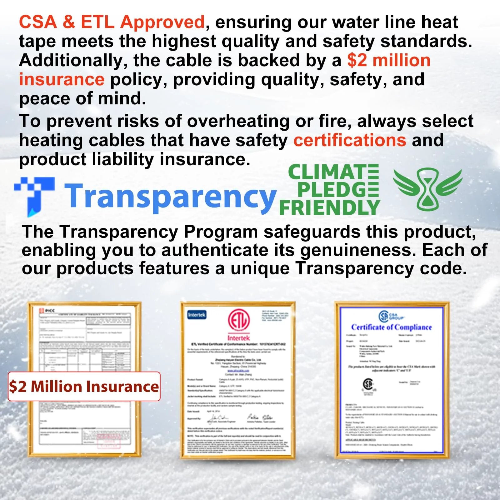 Self Regulating Pipe Heating Cable That Prevents Freezing And Keeps Water Flowing 120 Volt 6 Foot Heat Tape For Water Pipes CSA And ETL Certified documents and safety certifications displayed