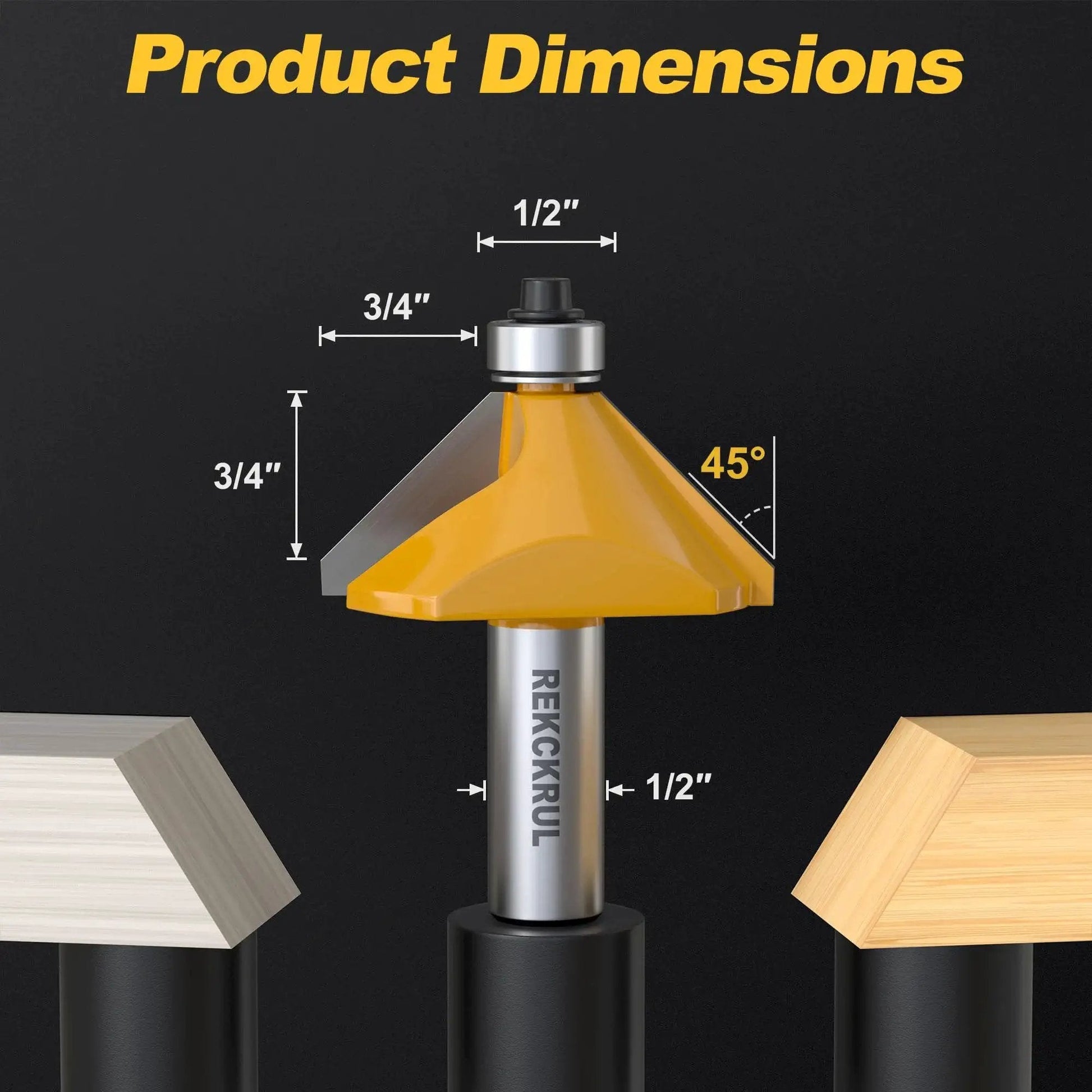 45 Degree Chamfer Router Bit With Bearing, Half Inch Shank, Three Quarter Inch Cutting Length, Carbide Tipped Woodworking Bit