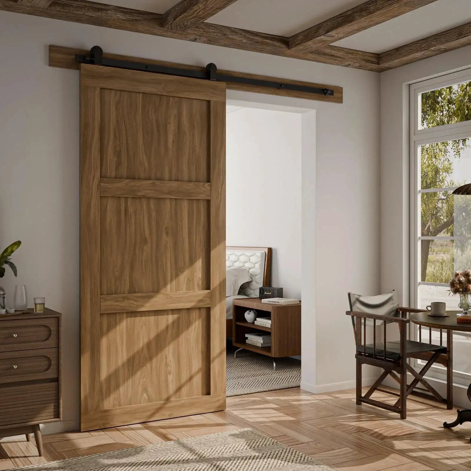 Five Foot Sliding Barn Door Hardware Kit Heavy Duty With Quiet Smooth Operation and Easy Install shown installed on wooden door