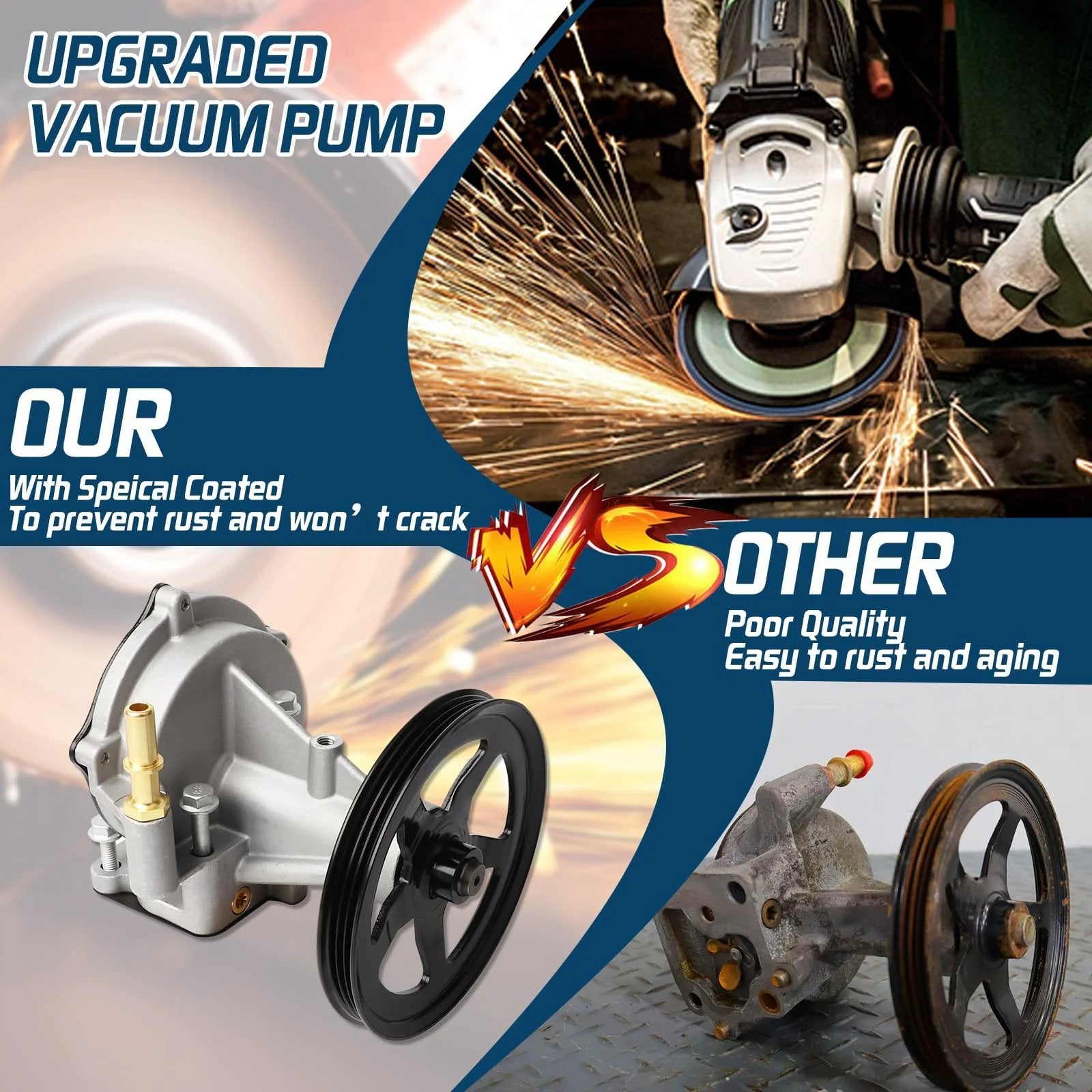 Comparison of upgraded and old vacuum pumps. Highlight on vacuum pump replacement for GM Silverado Suburban Tahoe Yukon XL Sierra 1500 2014-2020 Direct Fit OE.
