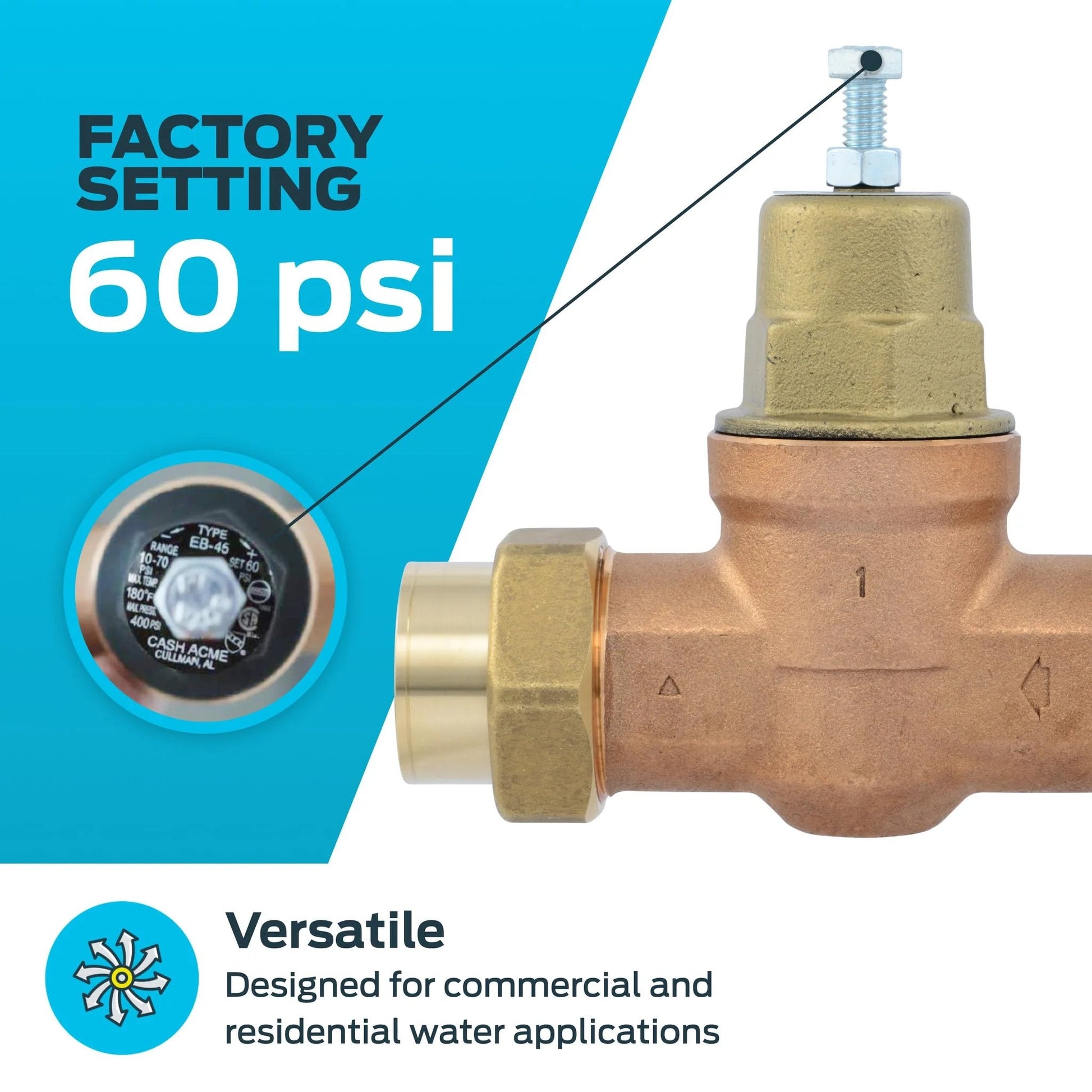 Direct Pressure Regulator Valve With Double Union For 1 Inch NPT Female Plumbing Lines, 60 PSI Setting, Metal Top PRV