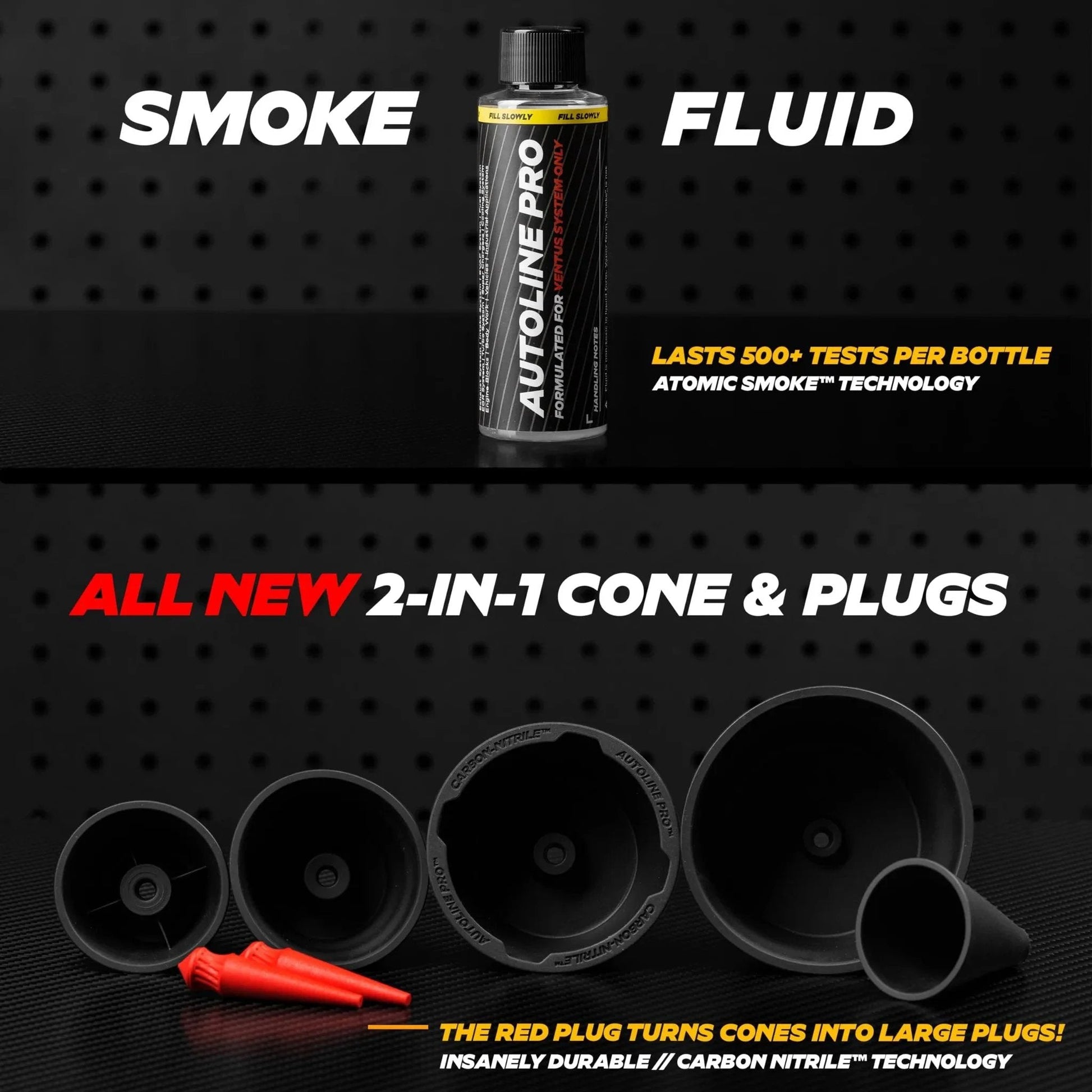 Ventus Smoke Machine Leak Tester For EVAP And Vacuum Systems With Built In Air Compressor Self Powered Li Ion Battery Odorless Fluid Lasts 500 Tests Cone Cap Plugs Pro Grade Build For EVAP Intake Exhaust Turbo EGR And More smoke fluid bottle and 2-in-1 cone plugs on display