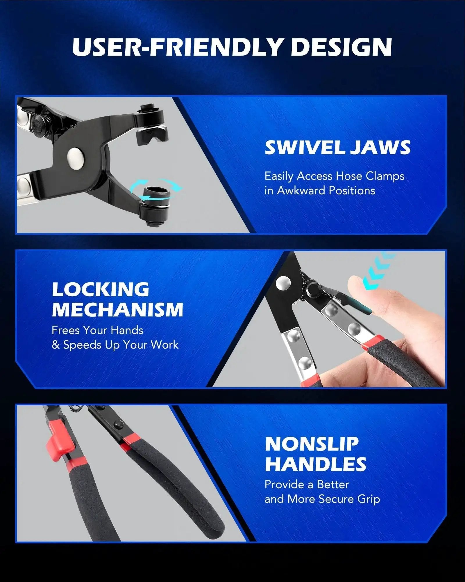 Diagram highlighting features of 9 Piece Hose Clamp Pliers Set With Long Reach Swivel Jaw And Flat Band Pliers