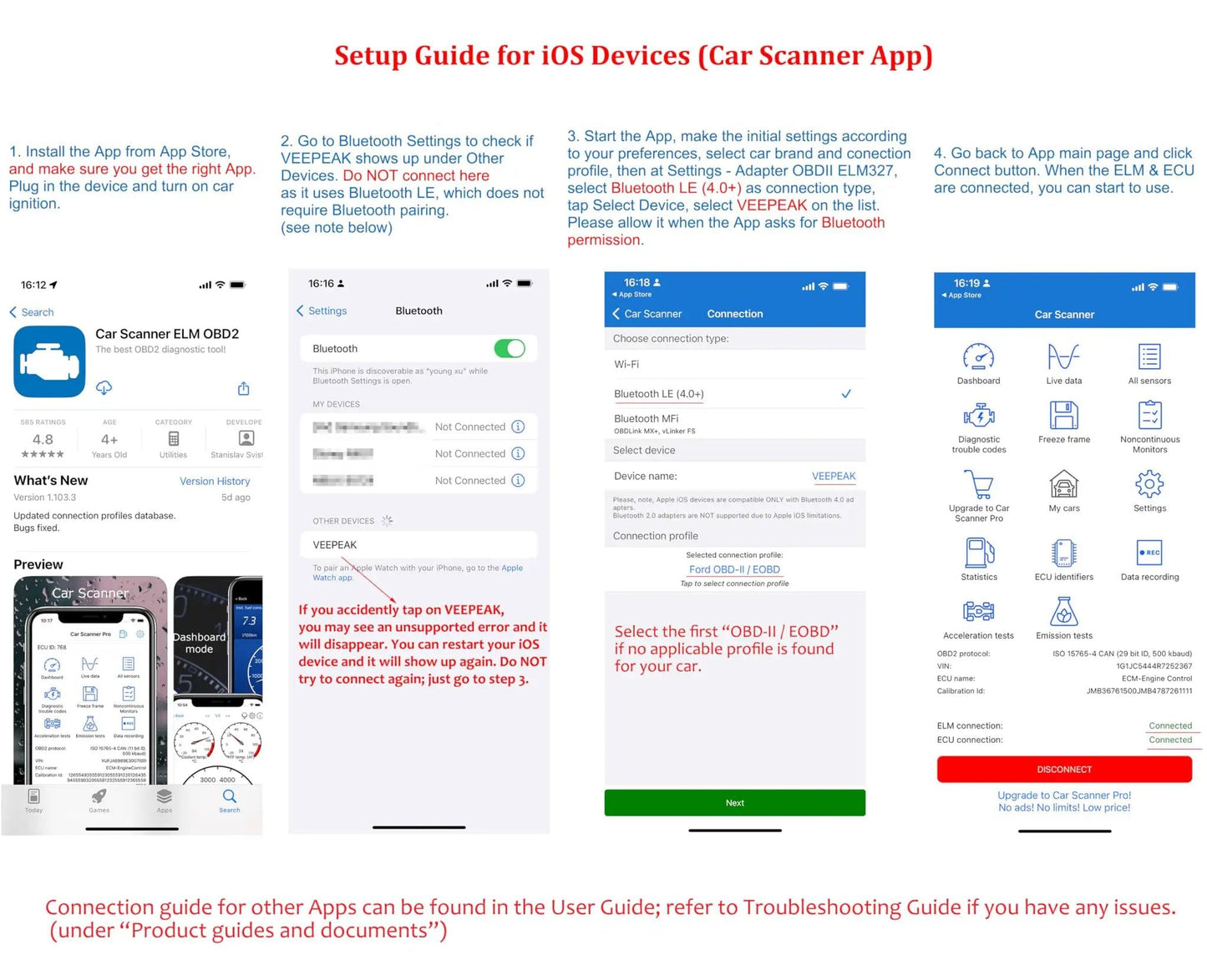 Setup guide for iOS devices showing connection steps for OBD II Bluetooth Scanner for iOS and Android With Wireless Check Engine Light Code Reader and DIY Car Diagnostic Tool for Gearheads by Veepeak Works on Most 1996 Plus OBD II Vehicles.