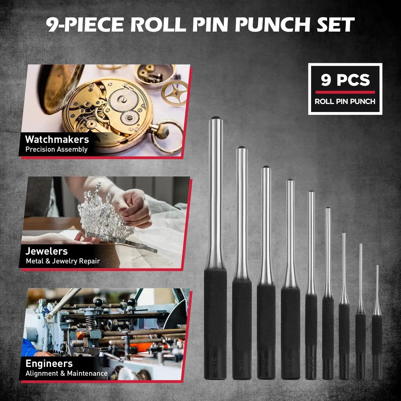 9-piece roll pin punch set for watchmakers, jewelers, and engineers with precision features for metal and jewelry repair.
