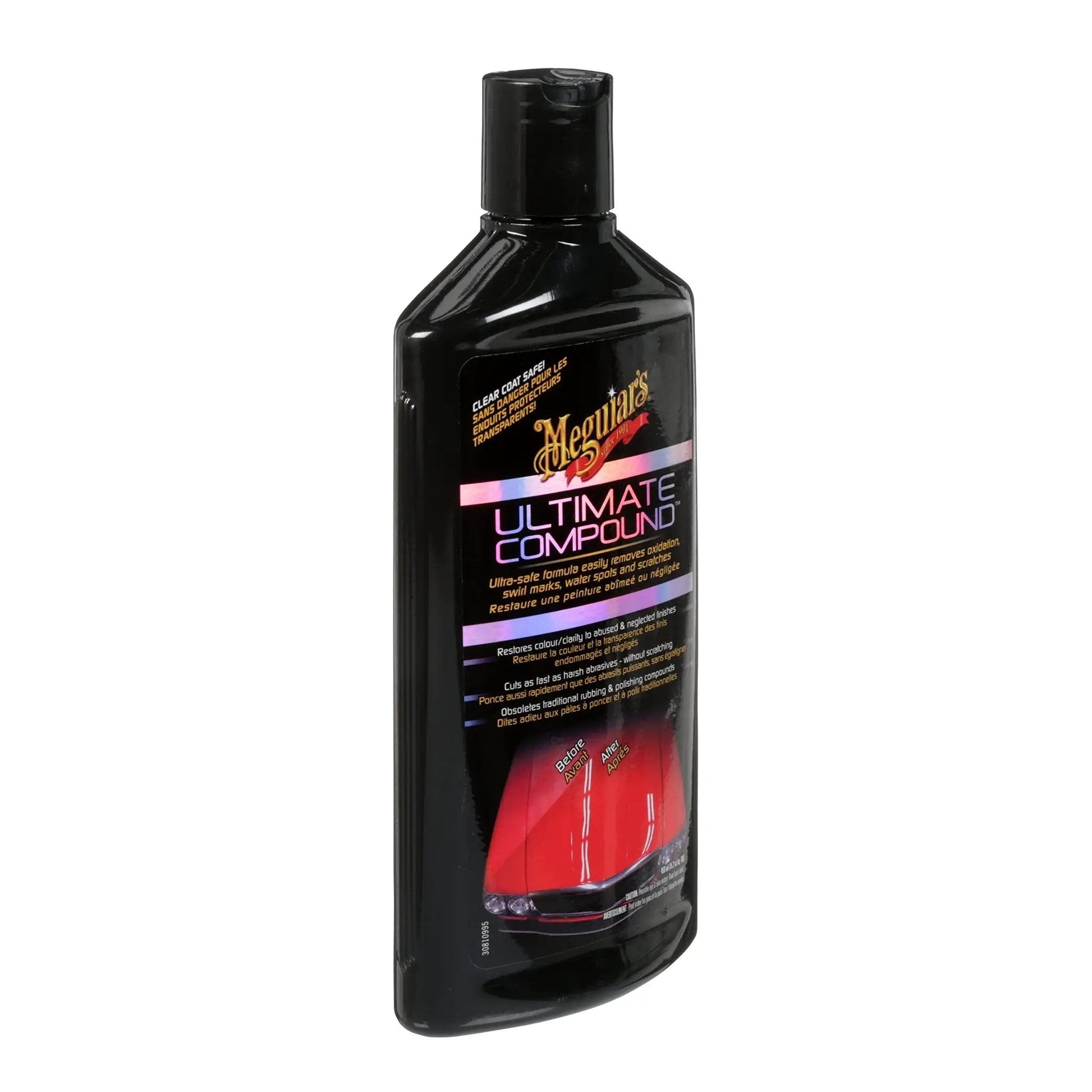Bottle of Meguiar's Ultimate Compound For Cars That Removes Oxidation Swirl Marks Water Spots And Scratches On Clear Coat