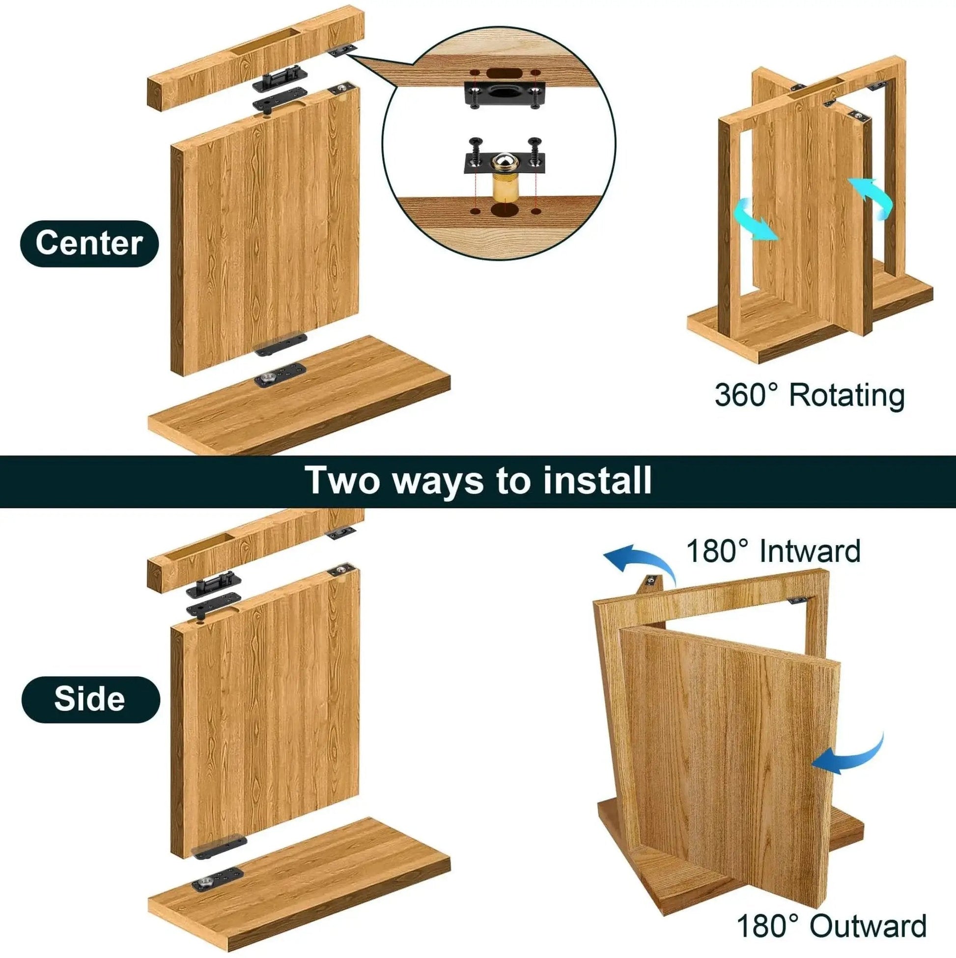 Illustration of Beefy Hidden Door Hinge Heavy Duty 870 Lbs Load Bearing With Thick Solid Steel Frame, showing 360° swivel and installation methods.