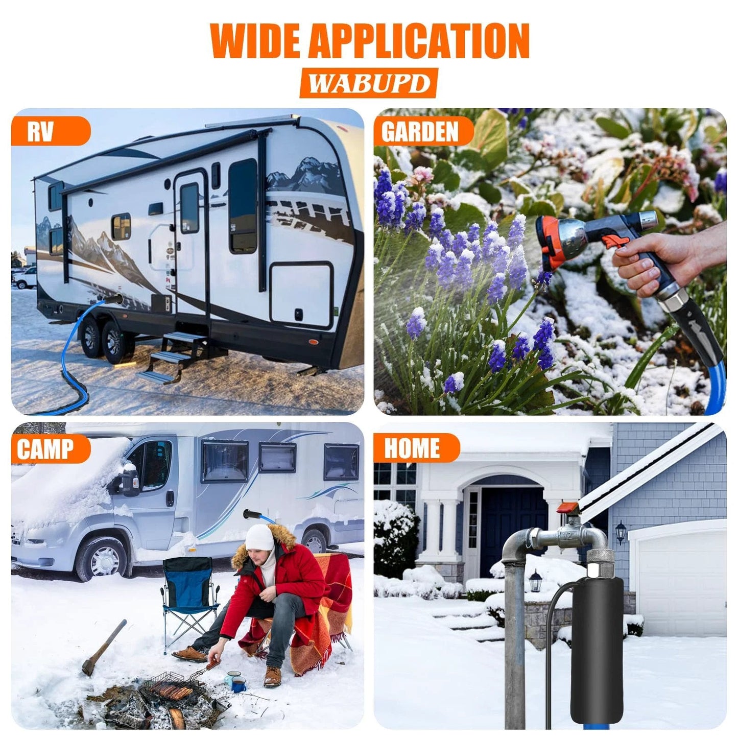 Heavy Duty 25 Foot Heated Water Hose For RVs And Campers With Anti Freezing Down To Minus 47F shown in use for various applications